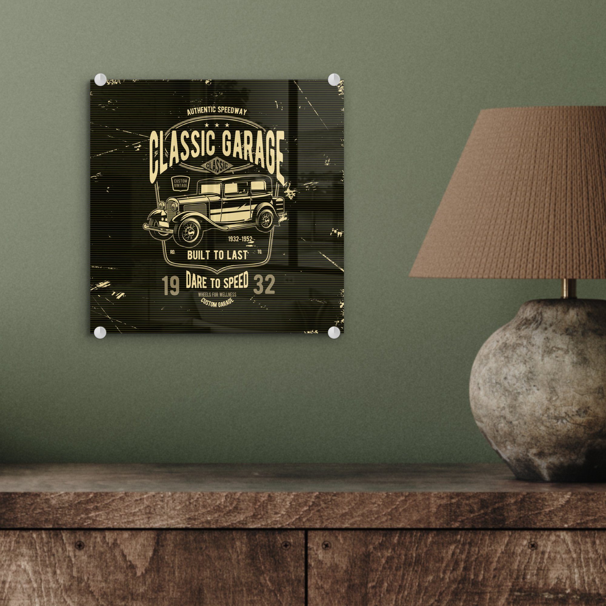 auf Glas MuchoWow Glas Garage (1 - - Vintage, - Glasbilder Auto Wanddekoration Wandbild auf St), Mancave Bilder Foto Acrylglasbild - - -