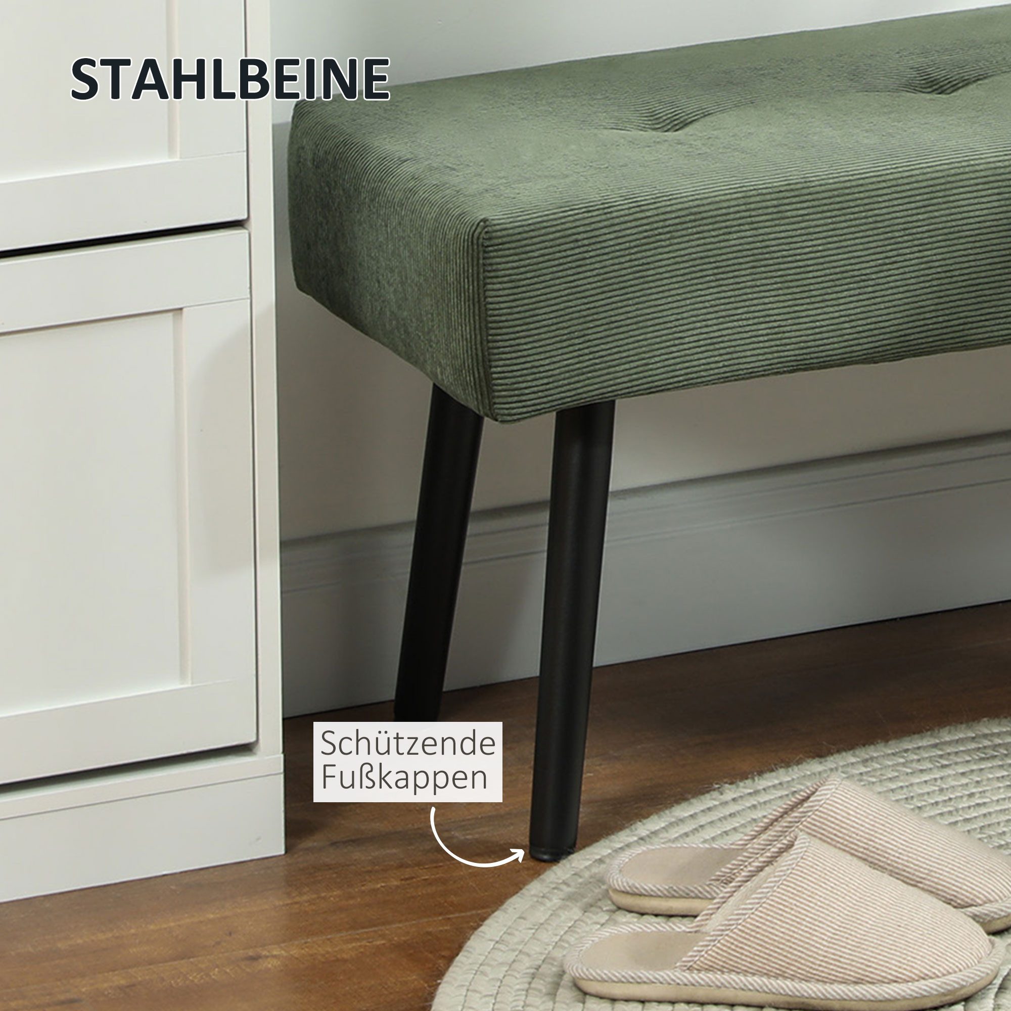 HOMCOM Polsterbank Sitzbank mit Cordbezug, Metallbeinen, Flurmöbel, 220 kg belastbar (Schuhbank, 1-St., getuftete Bettbank), für Schlafzimmer, Wohnzimmer, Flur  – Bild 5 von 5