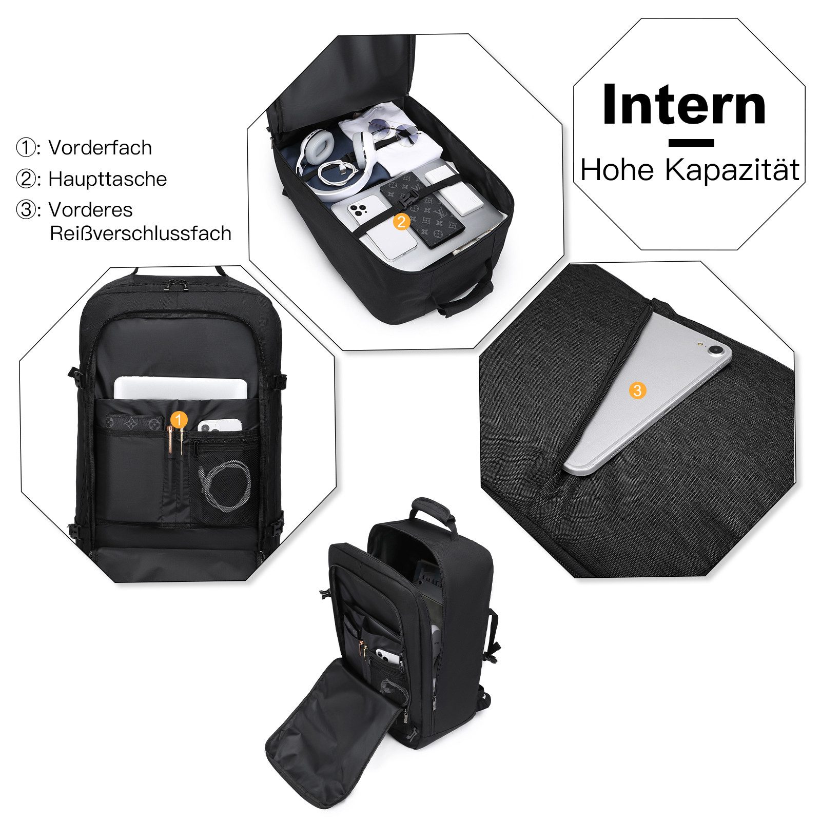 KONO Rucksack Handgepäck-Rucksack mit vielen Fächern Leichtgewicht