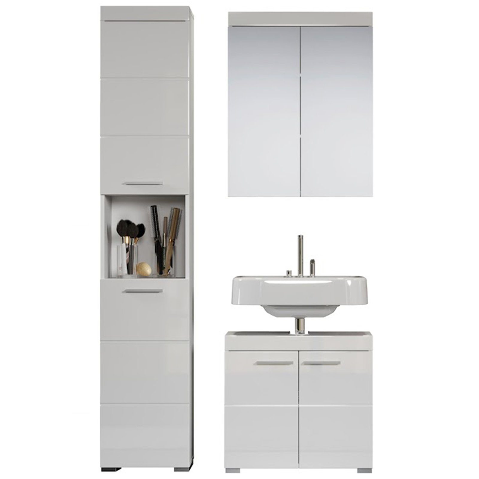 trendteam Badmöbel-Set Amanda, Bademöbel-Set Spiegelschrank Waschbeckenunterschrank Hochschrank Weiß