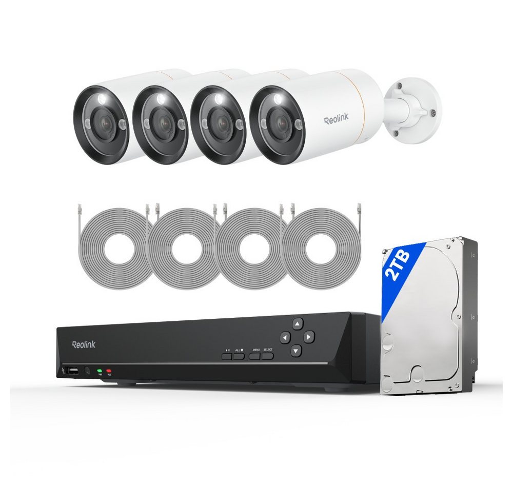 Reolink Überwachungskamera 12 MP Ultra HD PoE (Innenbereich, Außenbereich, 8-Kanal NVR mit 2TB HDD und 4 Bullet Kameras, Farbige Nachtaufnahme,Zwei-Wege-Audio,Dauernde 24/7 Aufzeichnung)