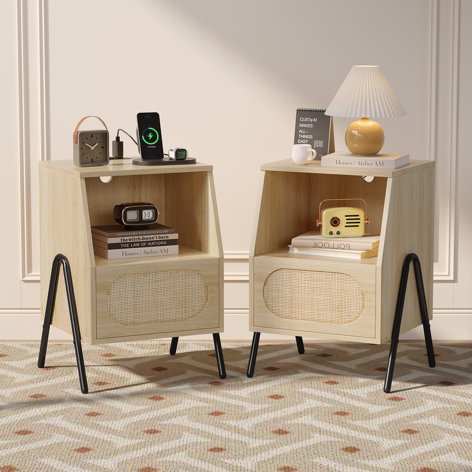 VINGLI Nachttisch mit Ladefunktion, Rattan Beistelltisch günstig online kaufen