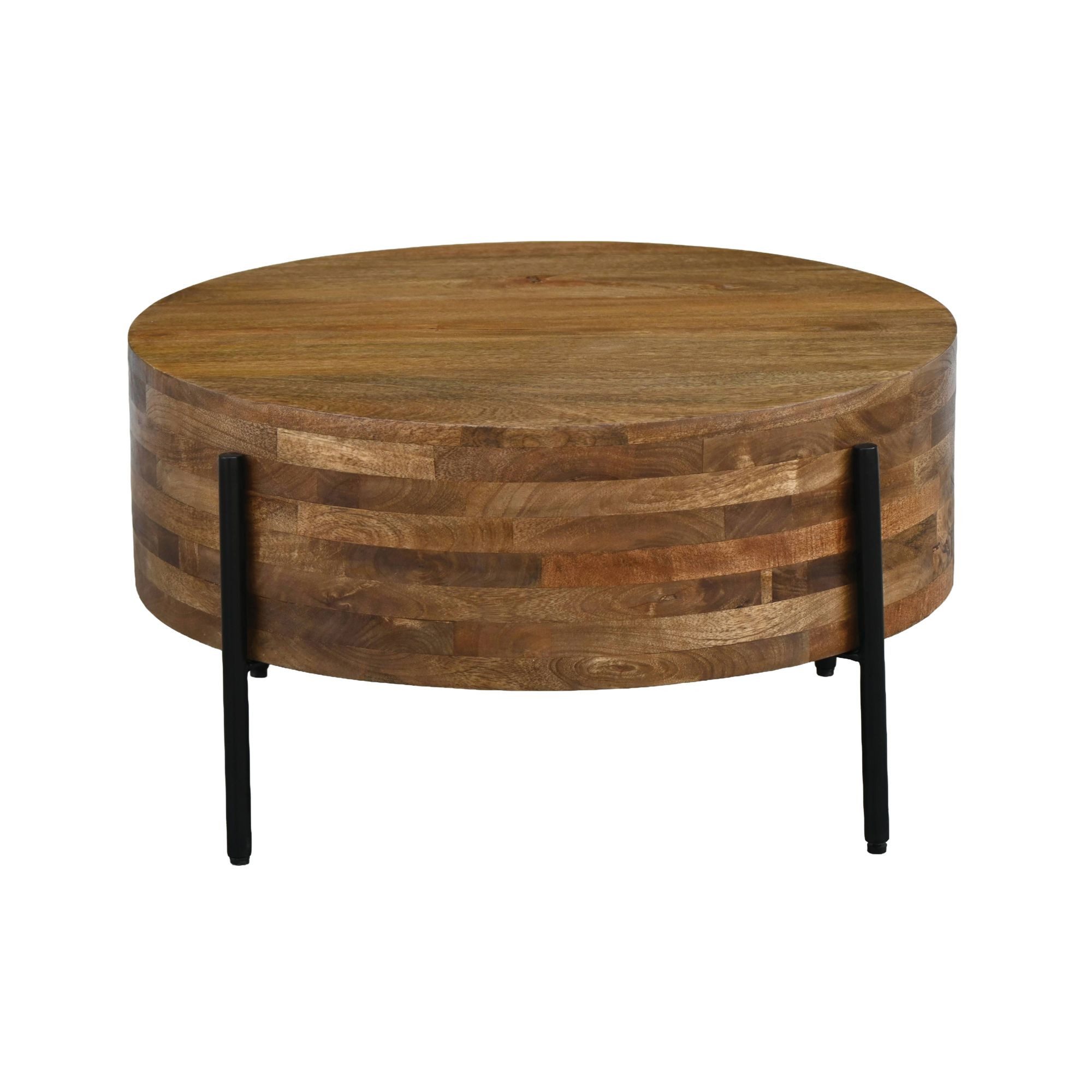 Wohnling Couchtisch WL7.453 Sofatisch Massivholz Rund 70cm Wohnzimmertisch Beistelltisch (Stabiler Sofatisch mit dunklen Metallbeinen), Pflegeleichte Oberfläche aus echtem Mangoholz