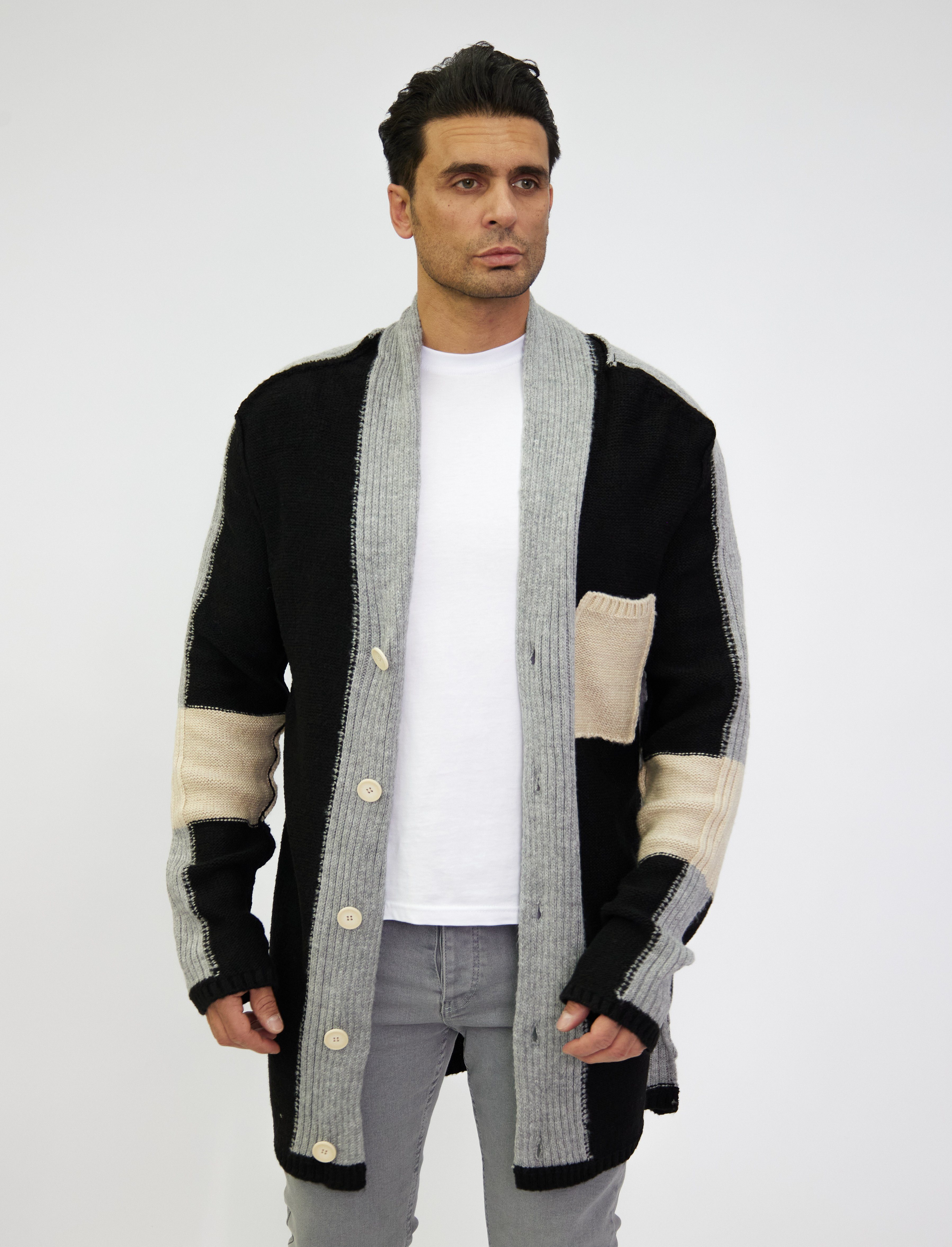 Denim Distriqt Strickjacke Herren Oversized Strickjacke im Patchwork Look günstig online kaufen