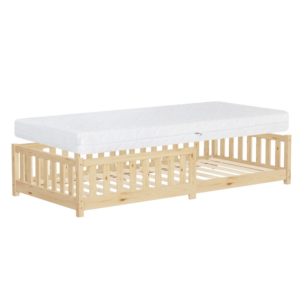 ML-DESIGN Spielbett Bodenbett Holzbett mit Lattenrost & Rausfallschutz Jugendbett Babybett, Abenteuerbett mit Matratze H-16 cm 90x200cm Kinderbett Bettgestell