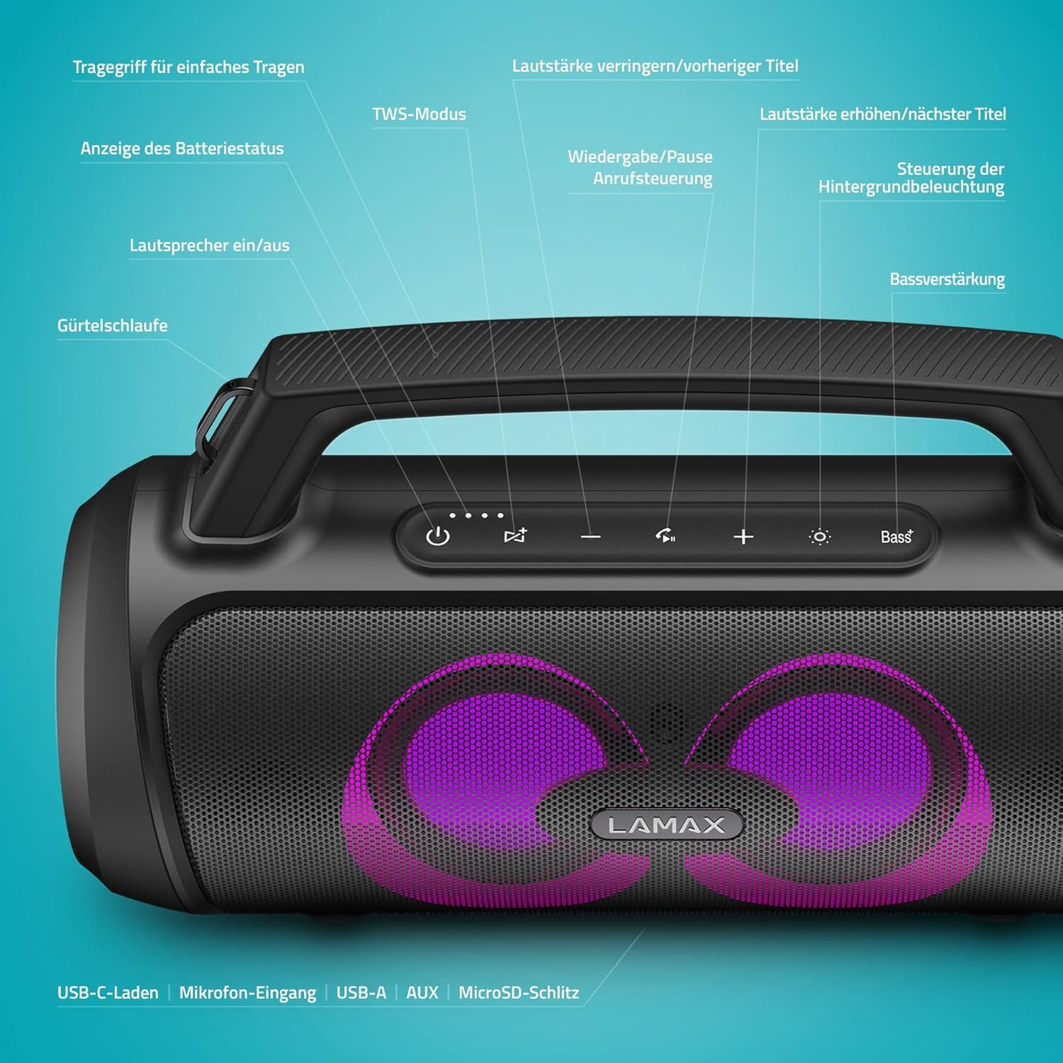 LAMAX PartyGo1 Play Mobiler Wireless Lautsprecher (Eingänge Bluetooth: microSD, USB, Jack 3.5 mm)