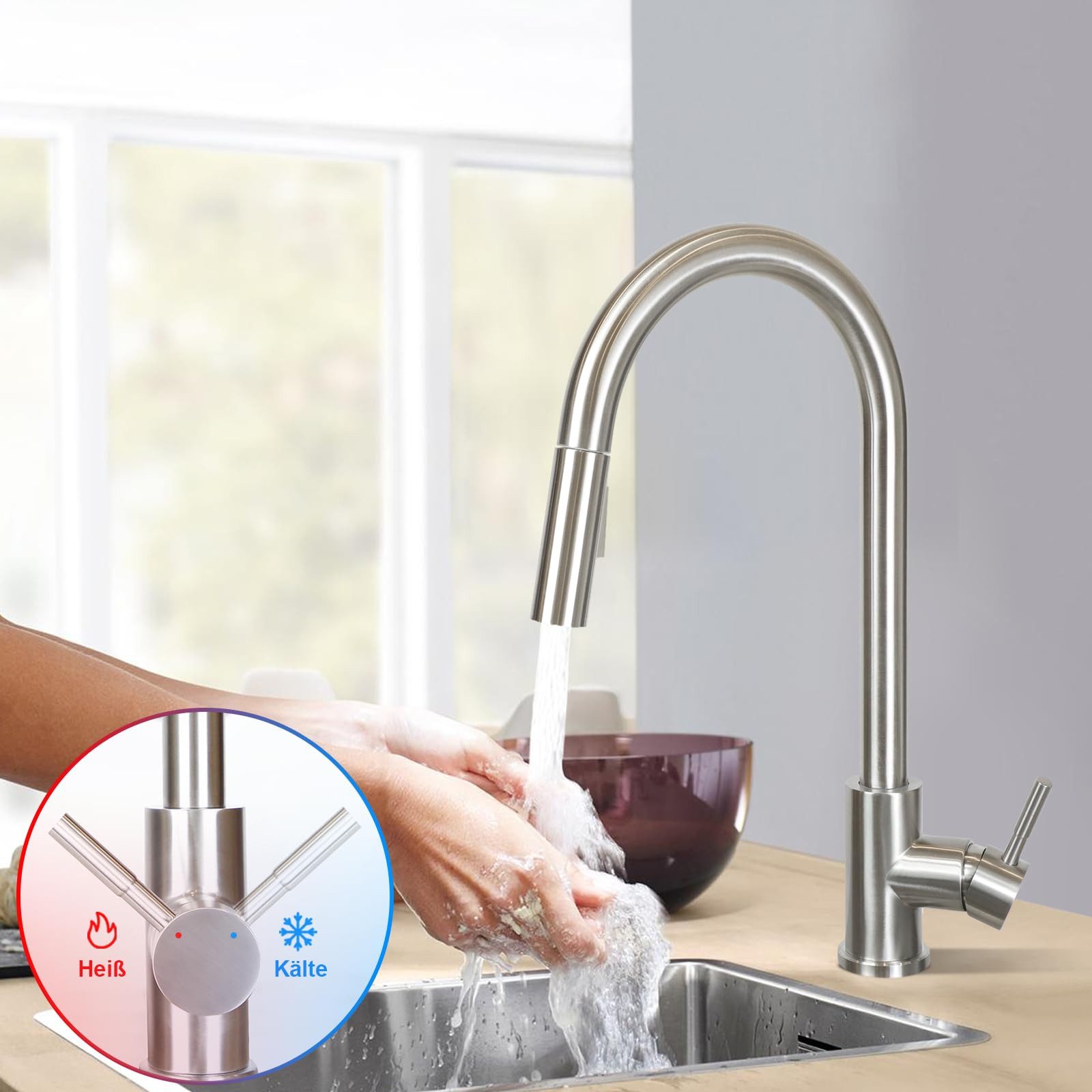 Thumbnail - Nettlife Küchenarmatur Ausziehbar Schwarz Wasserhahn Küche Spültischarmatur mit Brause Edelstahl Mischbatterie Spüle 360...