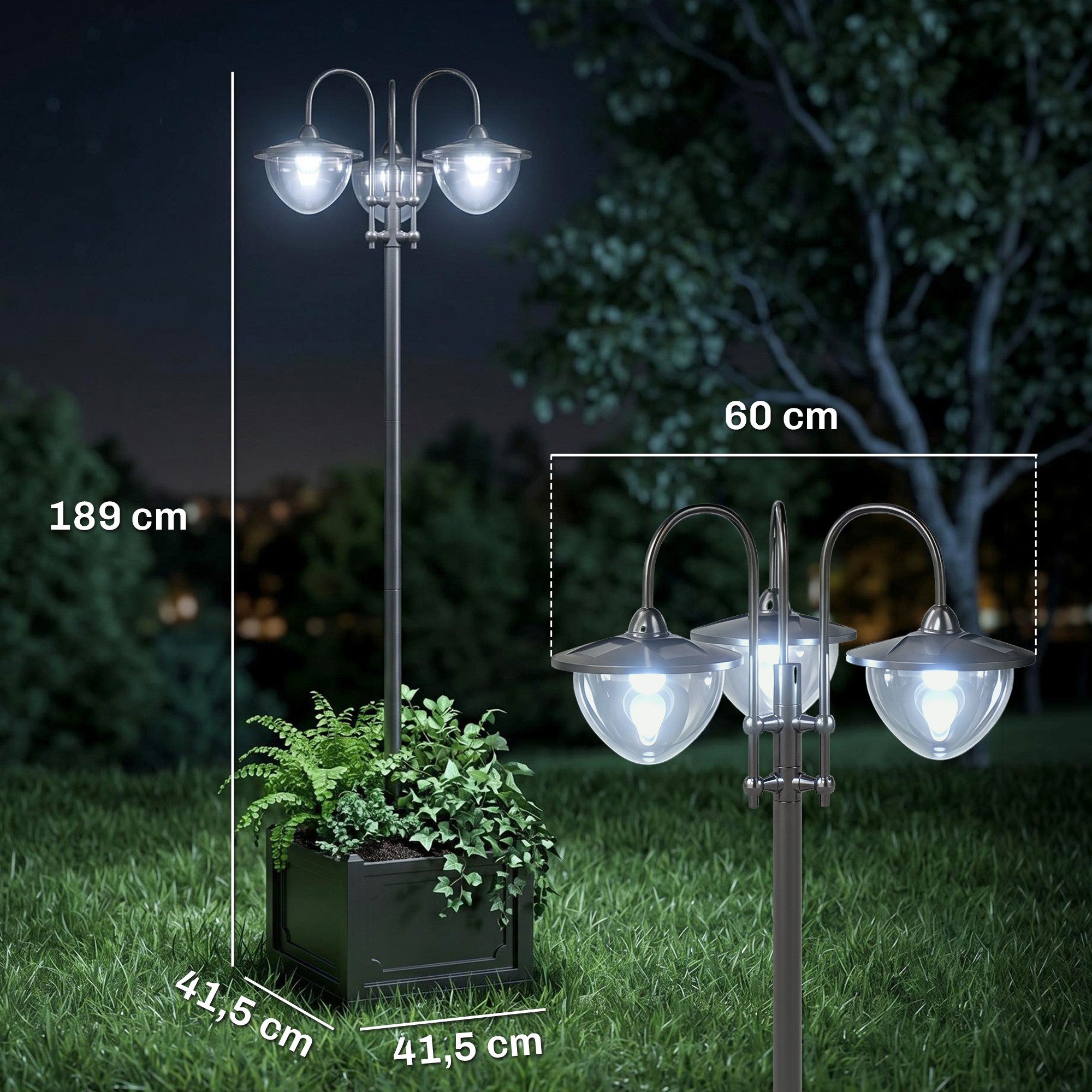Outsunny Außen-Stehlampe Gartenlicht 3-köpfige Lampe mit Blumentopf-Basis Wasserdicht Edelstahl, Solarbetrieb, Lichtsteuerung, LED, warmweiß, L60 x B55 x H189 cm