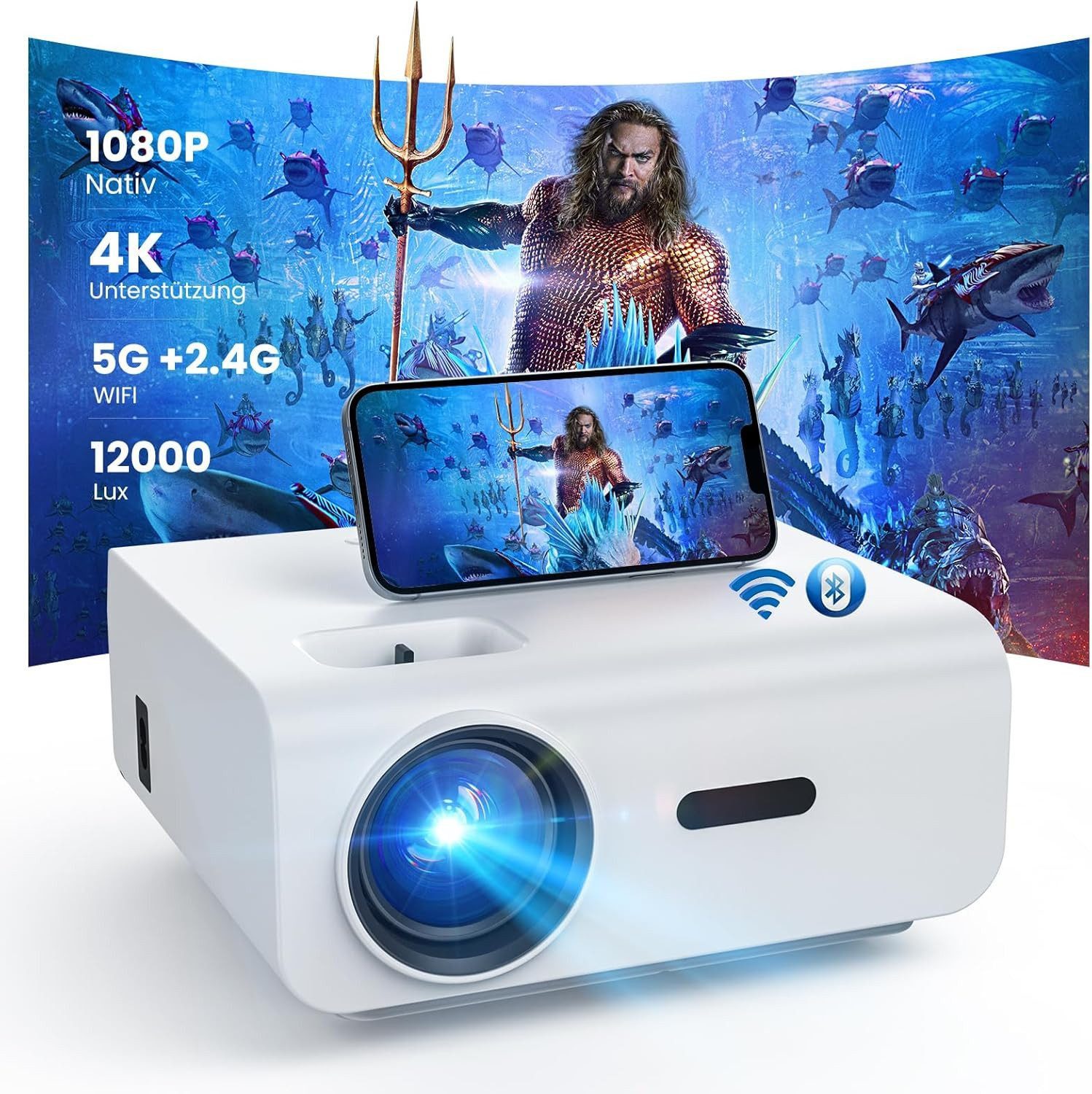 12000 Lumen Full HD 1080P Mini-Projektor mit 4K-Unterstützung, 5G WiFi Portabler Projektor