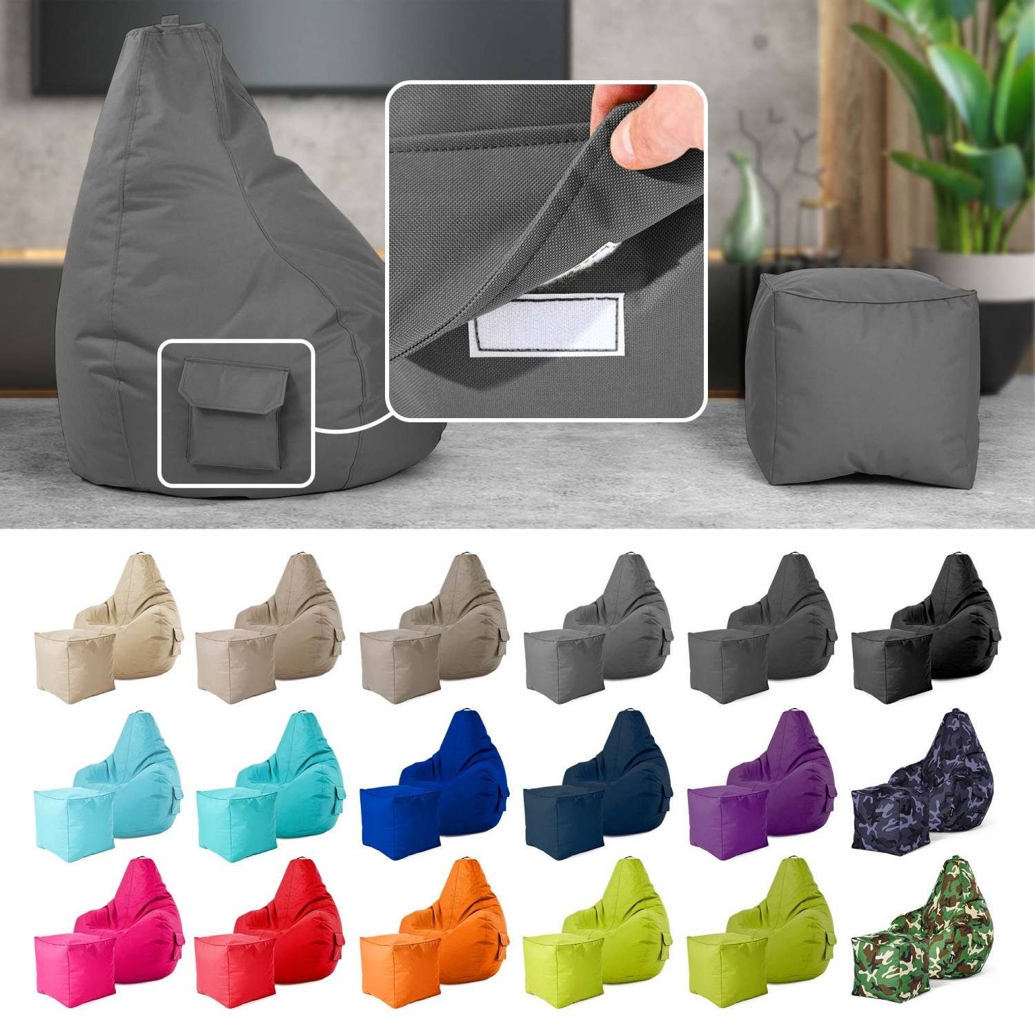 Green Bean Sitzsack Gaming Sitzsack + Hocker Cozy+Cube (2er Set Sitzsack + Hocker - fertig befüllt - robust waschbar schmutzabweisend -, Kinder & Erwachsene Bean Bag Bodenkissen), Lounge Sitzhocker Relax-Sessel Gamer Gamingstuhl Pouf