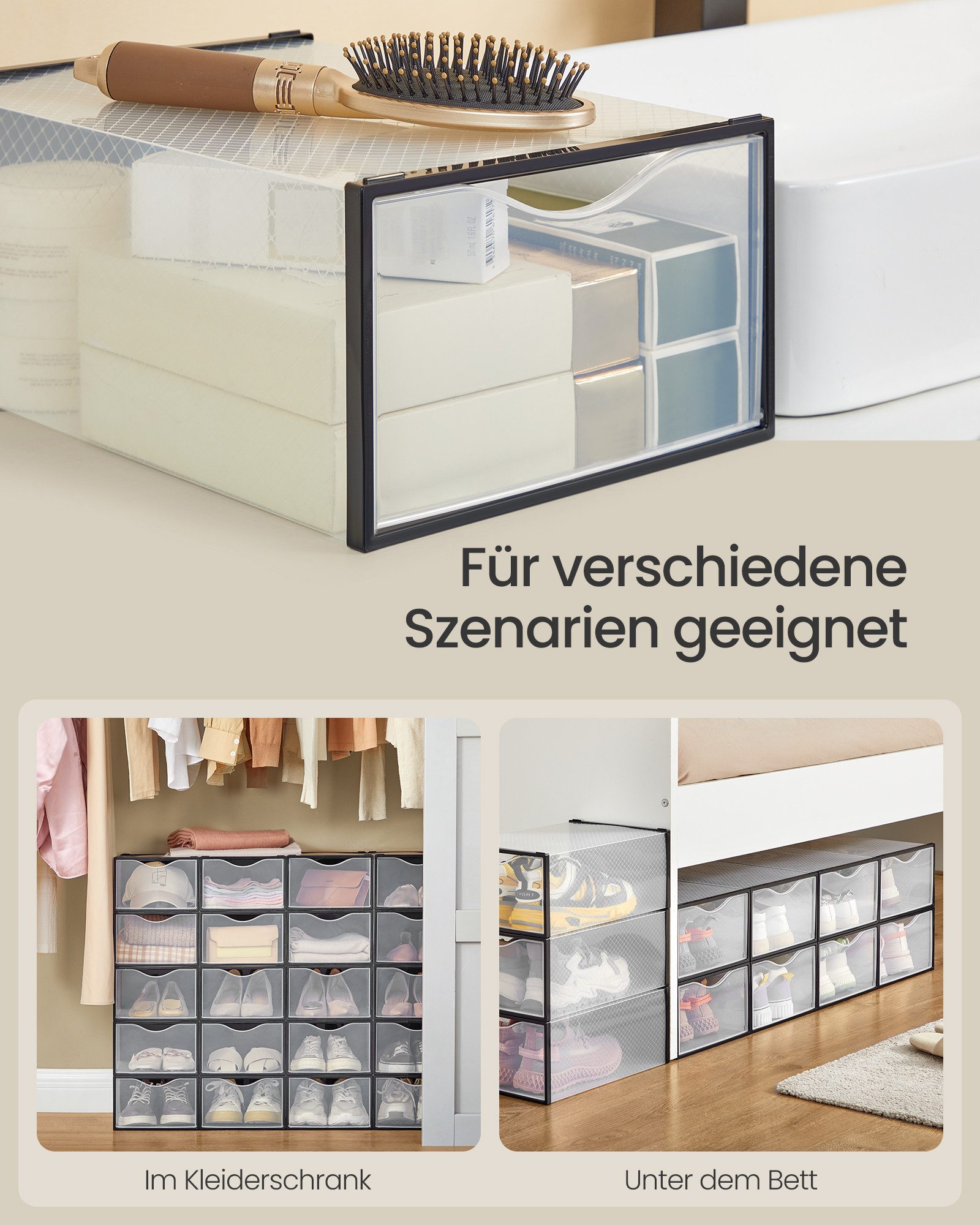 SONGMICS Schuhbox Schuh-Organizer aus Kunststoff, mit Tür, durchsichtig, stapelbar (18 St), einfache Montage, 33,2x23x14,5 cm, 18er Set, für Schuhe bis Größe 43 – Bild 5 von 5