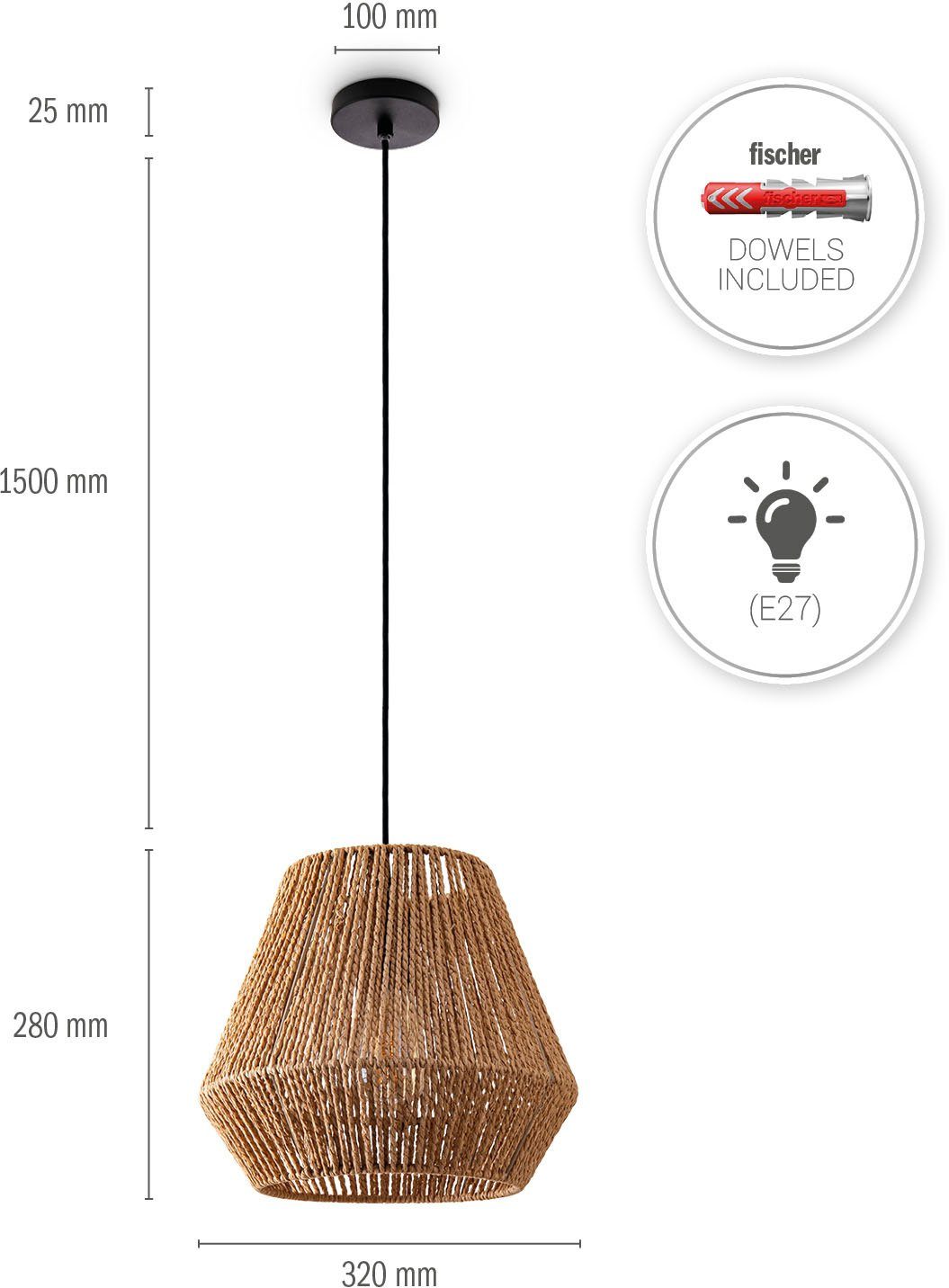 Paco Home Pendelleuchte Hugo Diego, ohne Leuchtmittel, Wohnzimmer Esszimmer Rattan Optik Boho Lampenschirm Papier