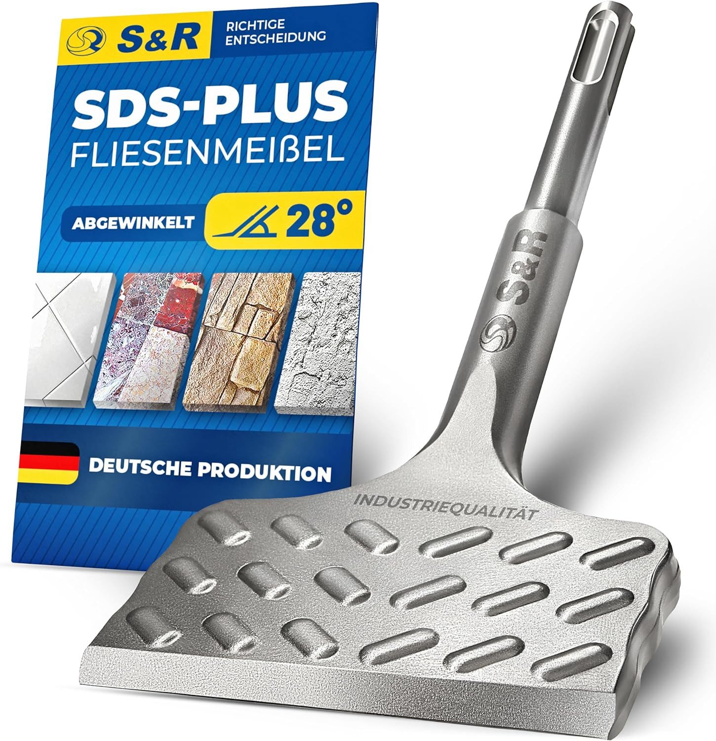 S&R Spitzmeißel Hochleistungs - Fliesenmeißel SDS plus 165 mm x 75 mm abgewinkelt, 165 in mm, (Made in Germany) Industrie-Qualität, optimierte Geometrie für Fliesen und Fliesenkleber