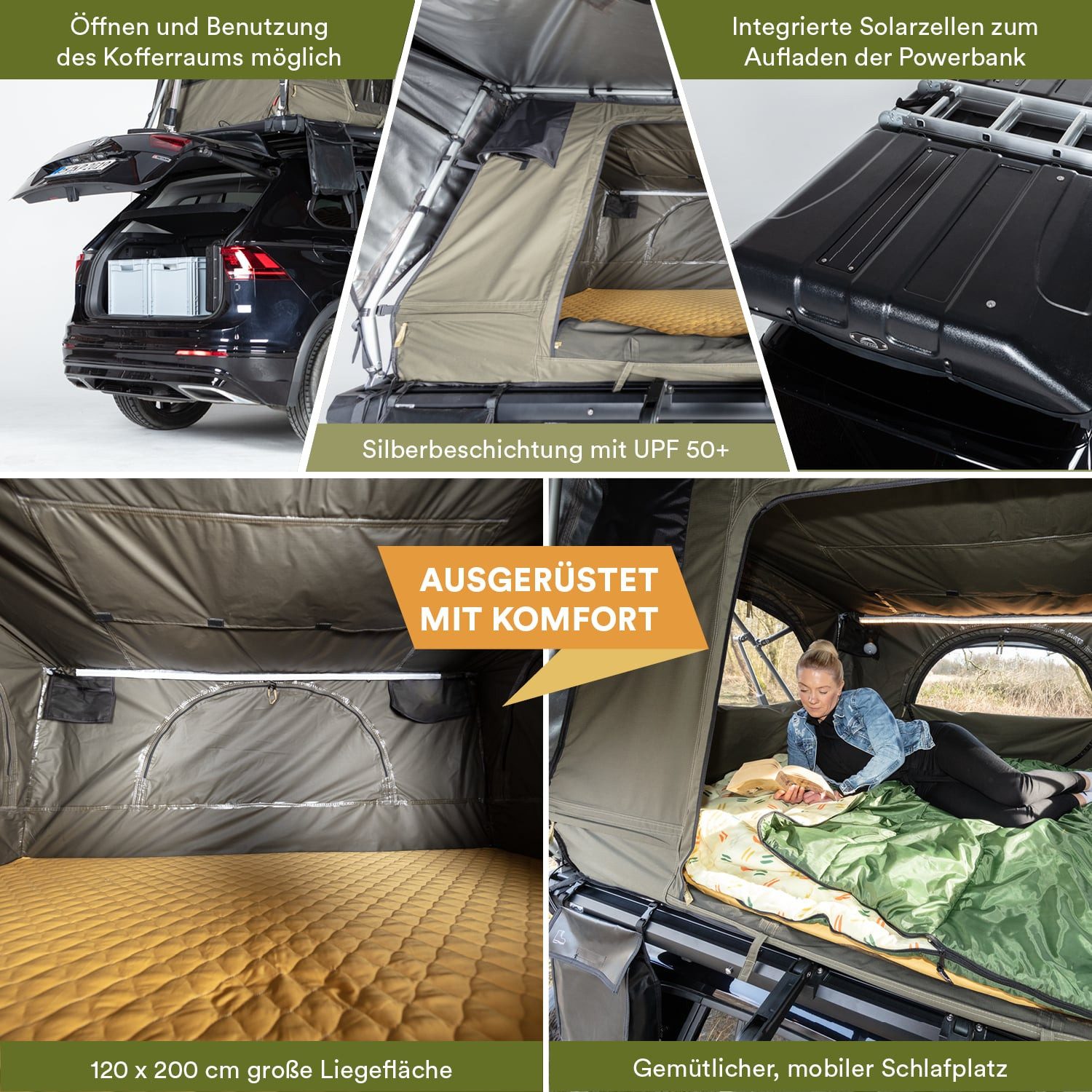 Skandika Dachzelt Dachzelt Auto Wildland, Autodachzelt Hartschale für 2 Personen, Personen: 2 (Tasche mit Werkzeugen und Montageteilen, vollautomatisches Aufklappen), Solarzellen, Moskitonetz, wasserdicht 3000 mm, LED-Leiste