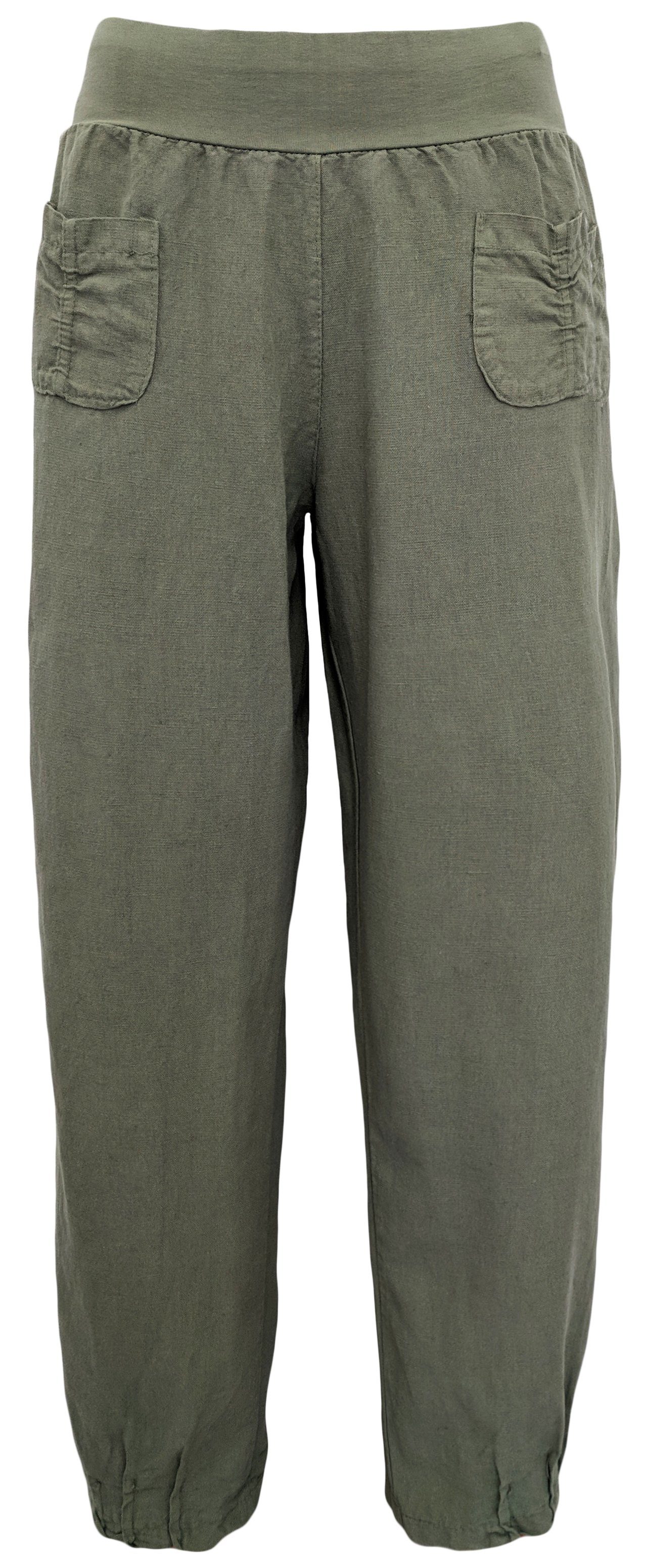 Aurela Damenmode Leinenhose Sommerliche Leinen Pumphose luftig leichte Schlupfhose (1-tlg) bequemer und breiter Gummizug, lässige und weite Passform, 100% Leinen, mit weitem Bein Khaki