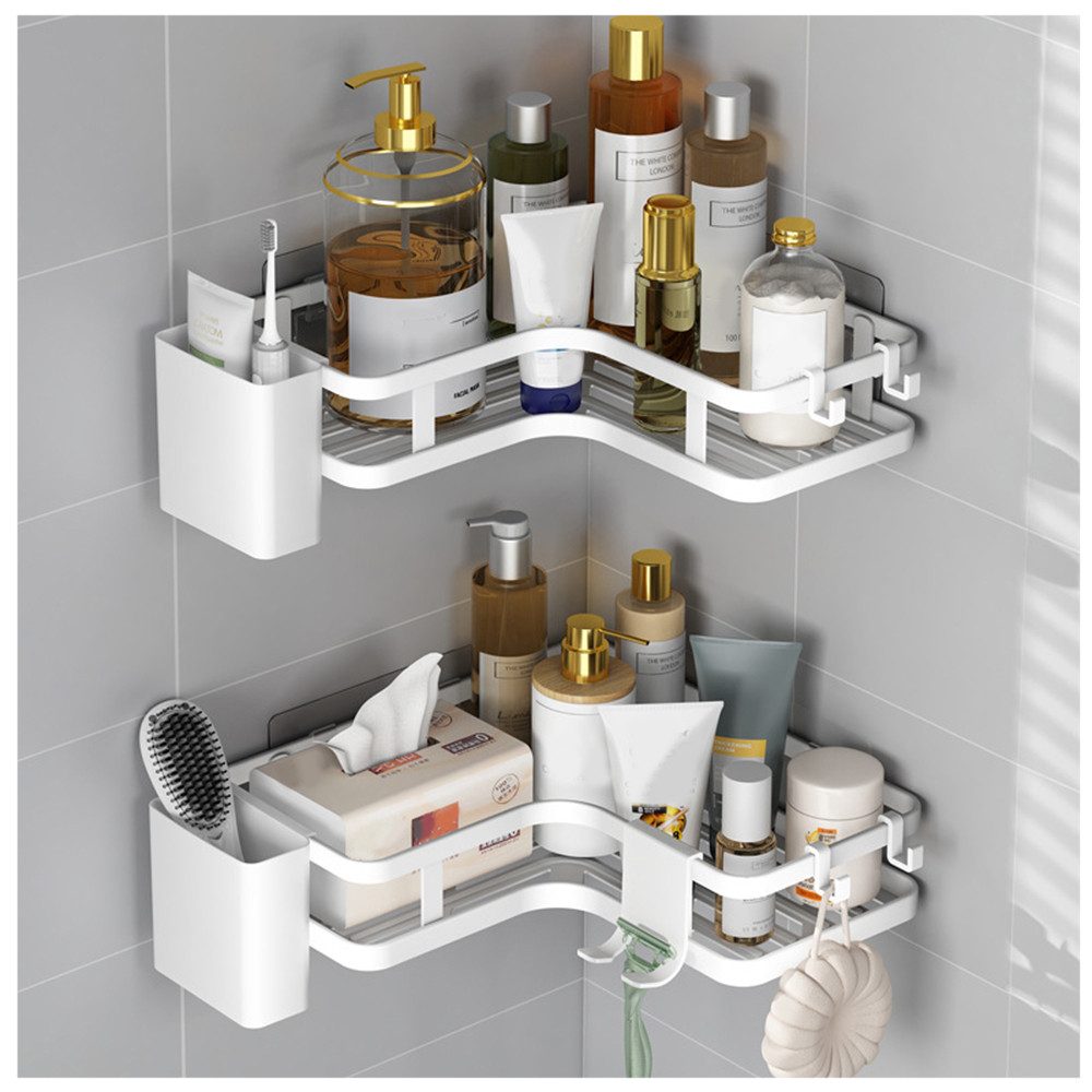 TUWENA Duschkorb 2 Stück Duschablage Ohne Bohren, Eckregal Badezimmer Regal Organizer, Wasserdichter und Rostfreier Duschregal mit 4 Haken,2 Zahnpasta Halter