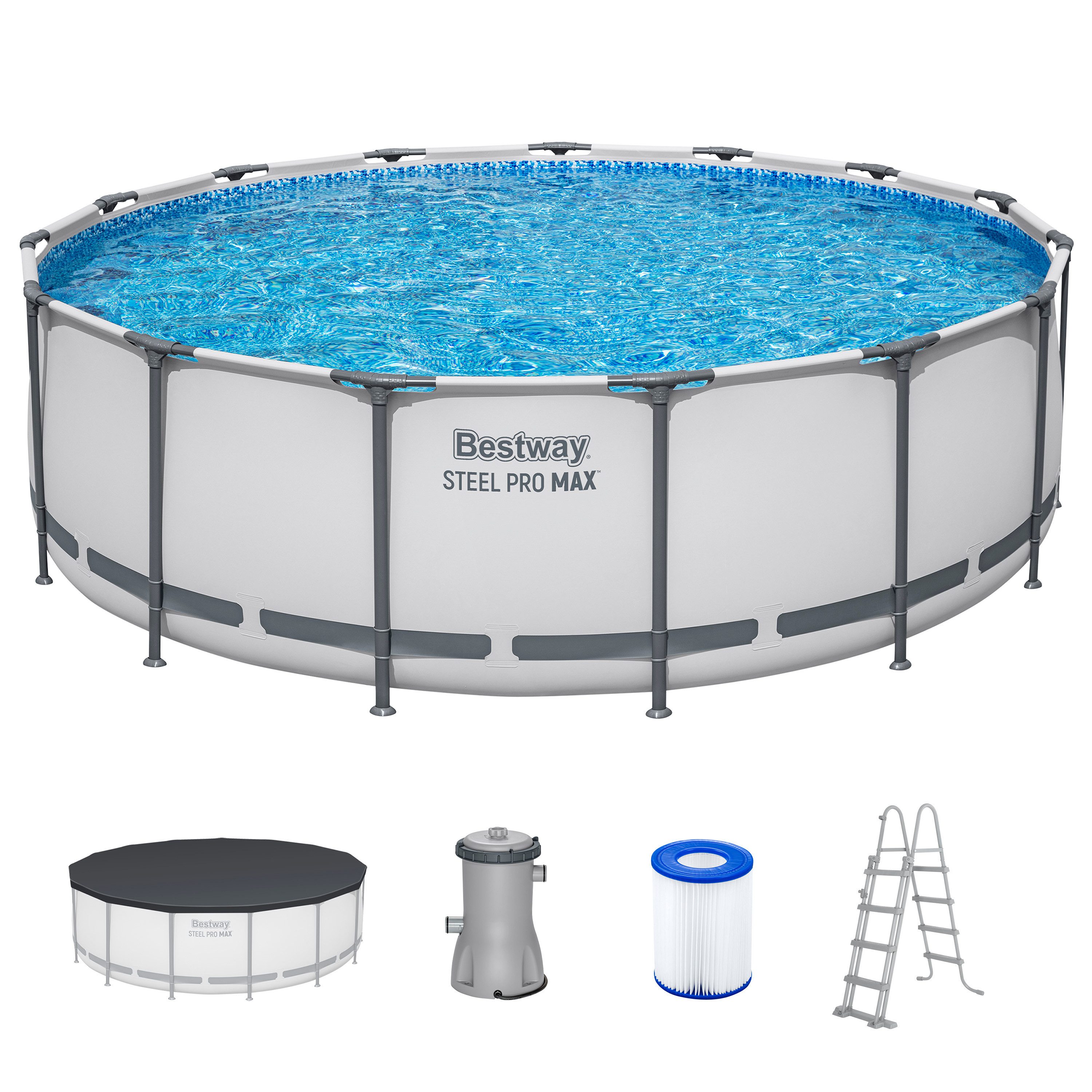 Bestway Framepool Steel Pro MAX™ (Set, Inkl. Filterpumpe, Sicherheitsleiter, Abdeckplane), Ø 457 x 122 cm