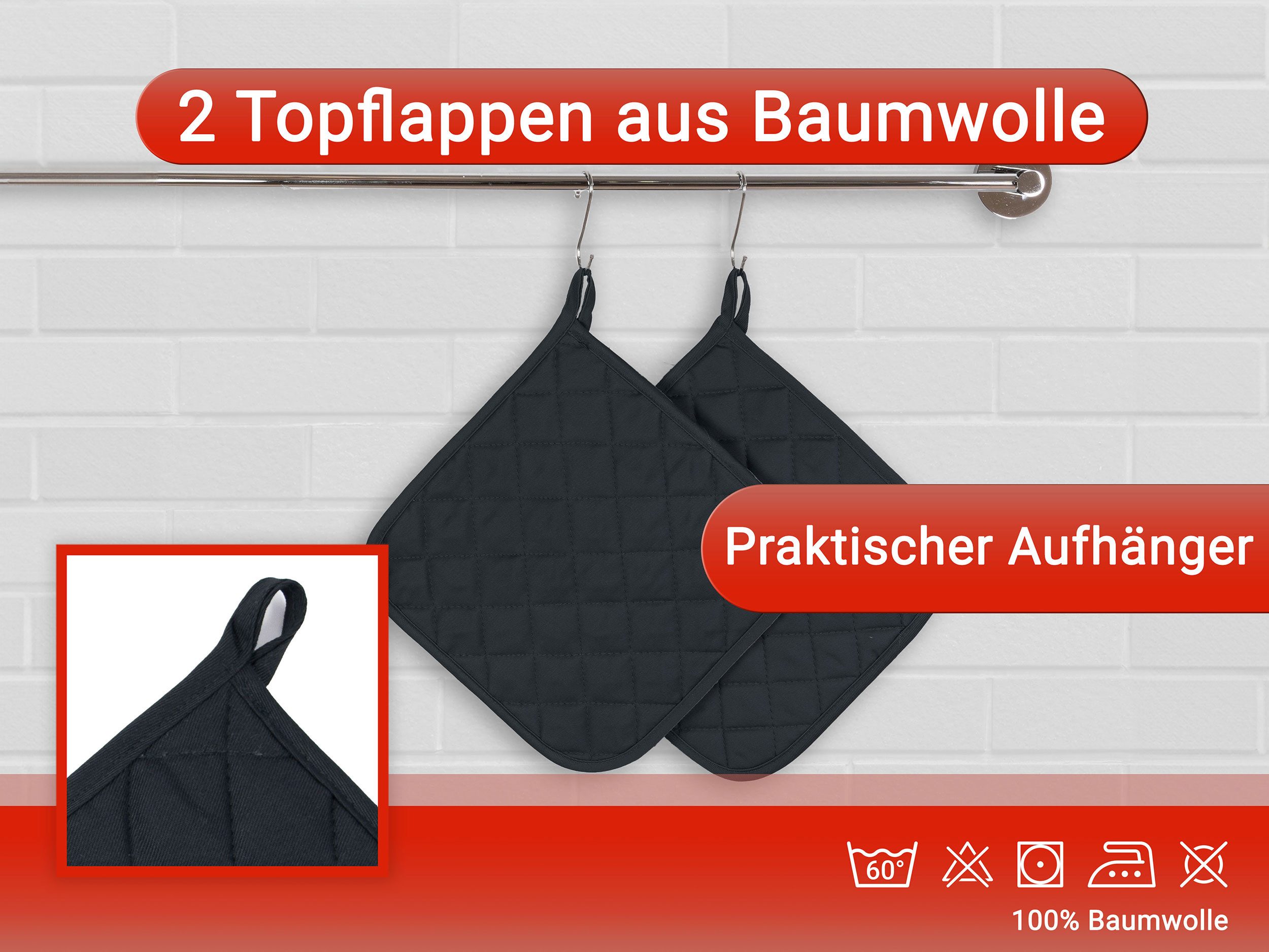 ZOLLNER Topflappen, (Set, 2-tlg), 24 x 24 cm, 100% Baumwolle, Temperaturbeständig bis 100°C