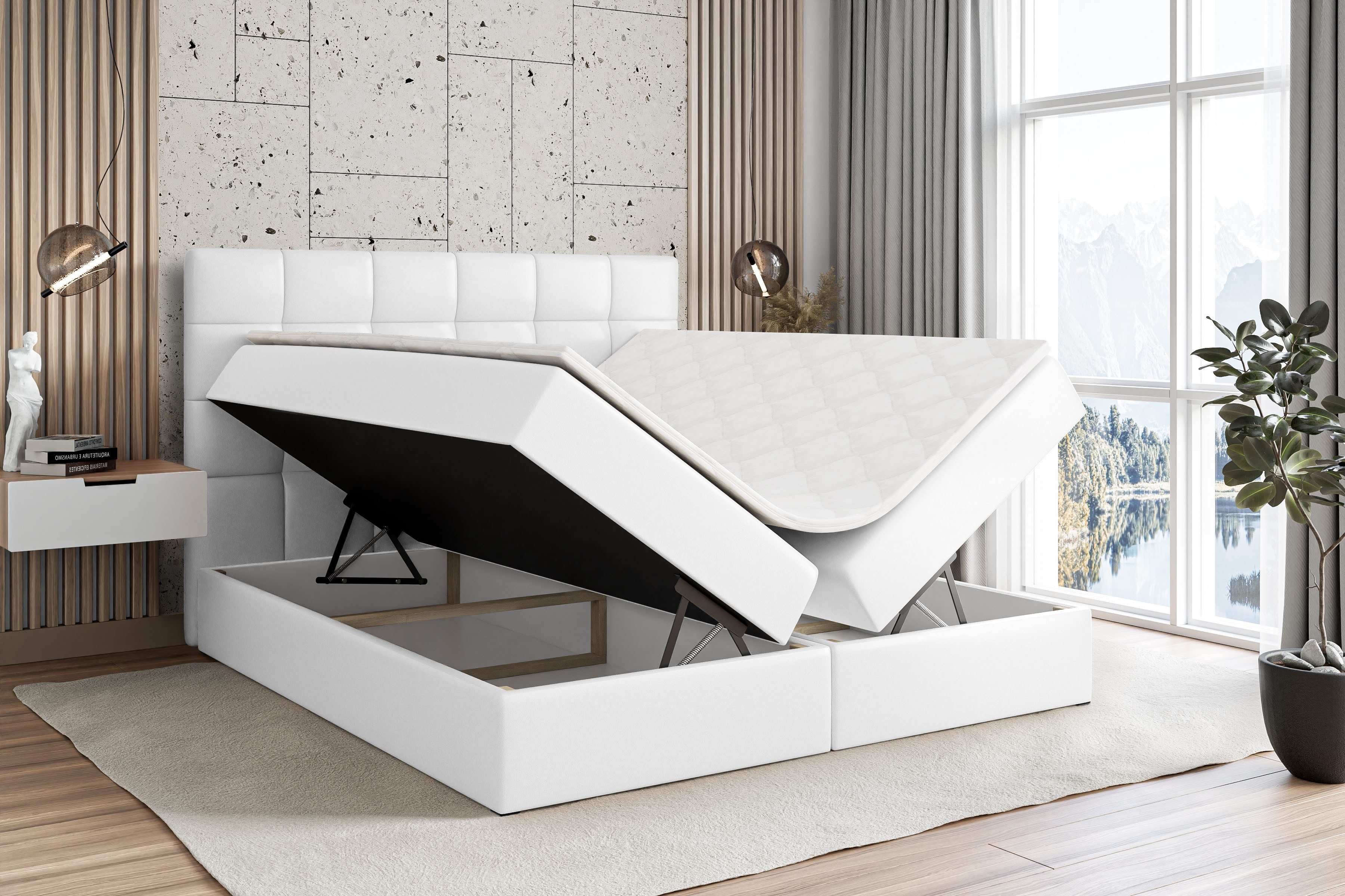ALTDECOR Boxbett BRUGO (mit Matratze Lattenrost Topper Polsterbett mit Bettkasten Doppelbett), H4 Multipocket / H3 Bonellfederung, Springboxbett Boxspringbett