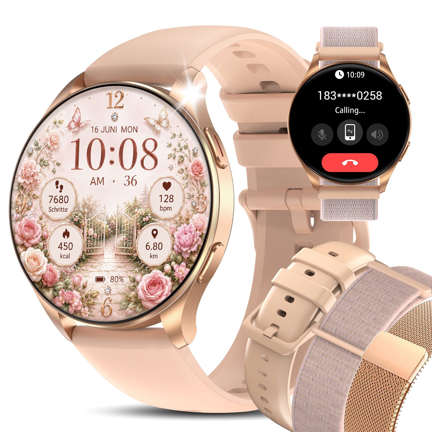 blackview Smartwatch Herren Damen,1,43" AMOLED,380mAh (5 Tage), Bluetooth-Anrufe Smartwatch (1.43 Zoll, IOS/Android), 1-tlg., 3× Armband (Metallarmband+Silikonarmband + Geflochtenes Uhrenarmband), Antwort&Anruf tätigen,KI-Sprachassistent,HR,SpO2,Schlaf,Sc