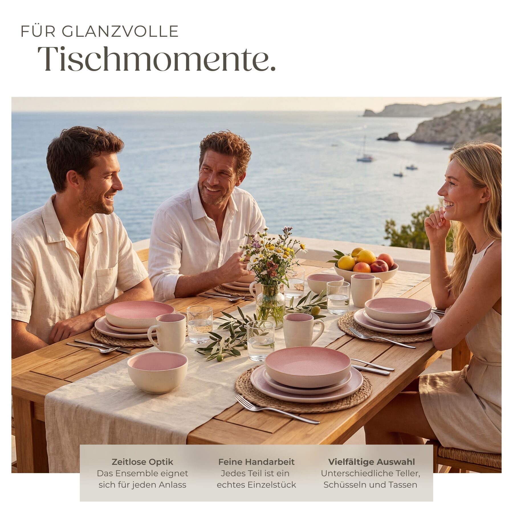 tectake Geschirr-Set Kombiservice (30-tlg), 6 Personen, Steingut, für 6 Personen, handgefertigt