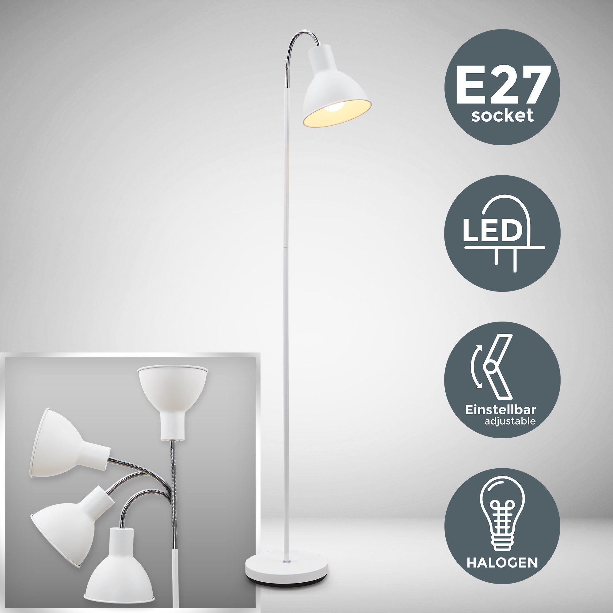 B.K.Licht ohne Warmweiß, E27 Metall Industrial Stehlampe, Stand-Leuchte LED Leuchtmittel, Stehleuchte schwenkbar Design weiß