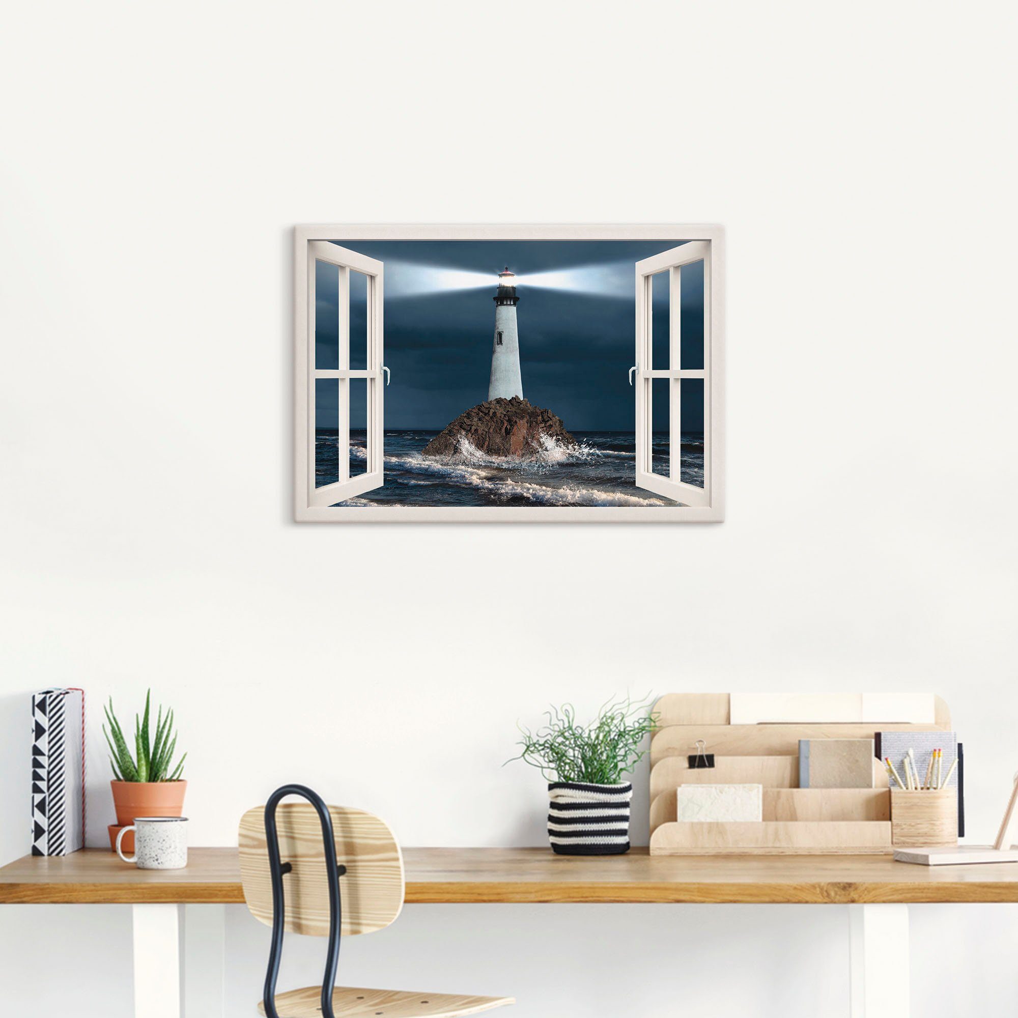 versch. Leuchtturm Alubild, als Lichtstrahl, St), (1 Artland Größen Fensterblick Poster Wandaufkleber Wandbild Leinwandbild, mit oder Gebäude in