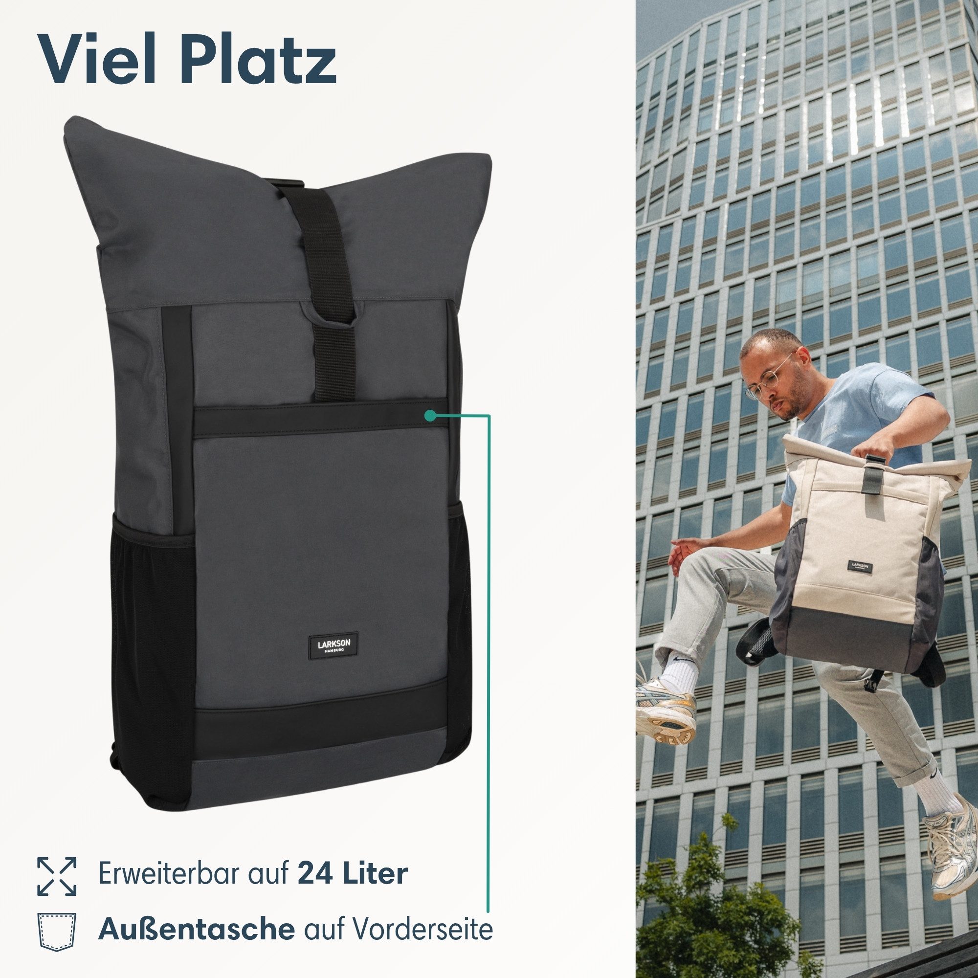 LARKSON Cityrucksack No 2, Rolltop Damen Herren, Laptop Fach (1-tlg), Wasserabweisend