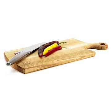 WoodFriends Schneidebrett aus Eiche Massivholz 38x19x2 cm mit Griff Servierbrett für Küche, Geschenk für Grillmeister Koch Grillbrett