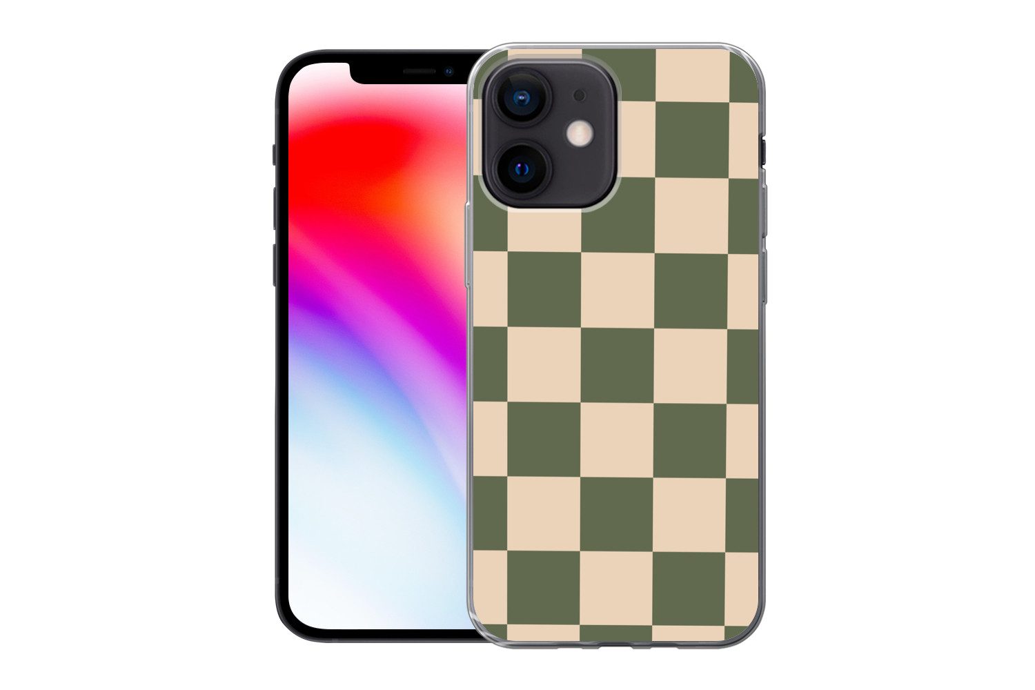 MuchoWow Handyhülle für Apple iPhone 12 mini Schachbrettmuster - Grün - Beige - Blöcke, Smartphone-Bumper, Print, Handy Schutzhülle Dünn