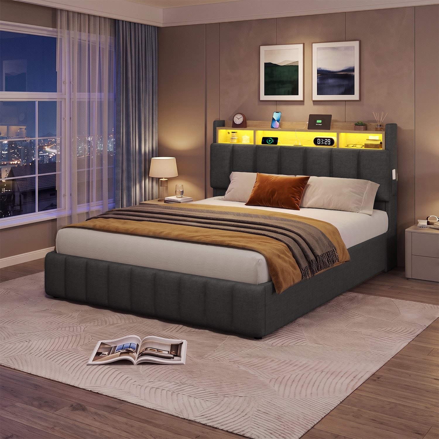 KIMENICH Polsterbett mit LED Beleuchtung und Ladefunktion (1-tlg., Ohne Matratze), Jugendbett Hydraulisches Stauraumbett, 140x200 cm – Bild 3 von 5