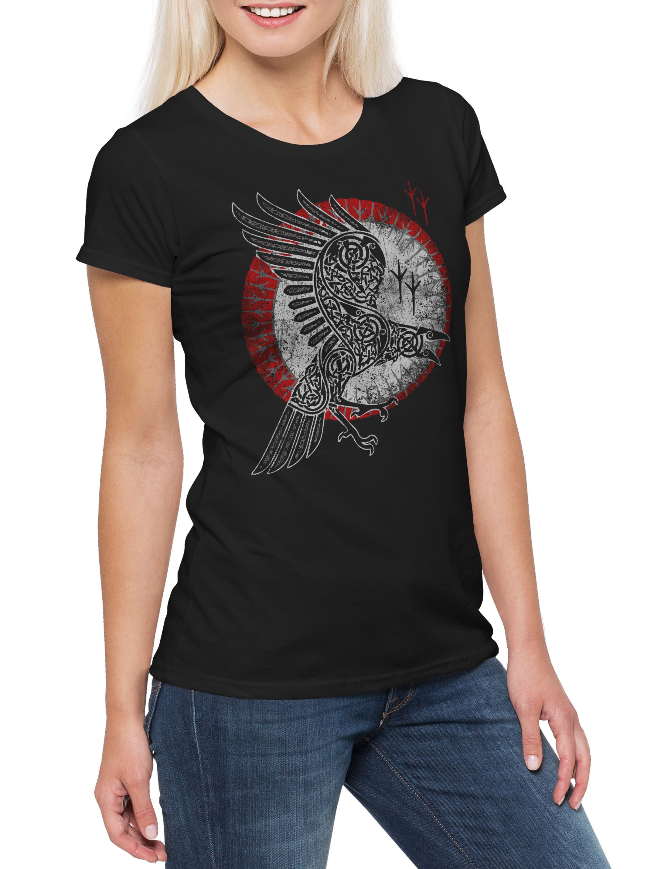 Urban Backwoods Print-Shirt Norse Raven Damen T-Shirt Runes Wikinger Raben Wallhalla Thor Odhin (1-tlg) Vikings Hugin Munin Raben