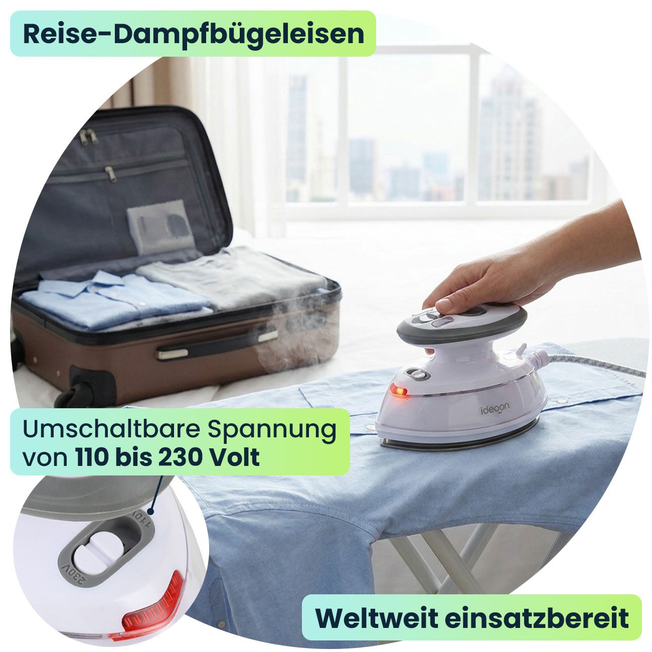 shop'n smile ideoon Dampfbügeleisen Reise-Dampfbügeleisen: Mini-Bügeleisen 110/230V mit Tasche für Urlaub, 499 W, Trocken- und Dampfbügeln möglich