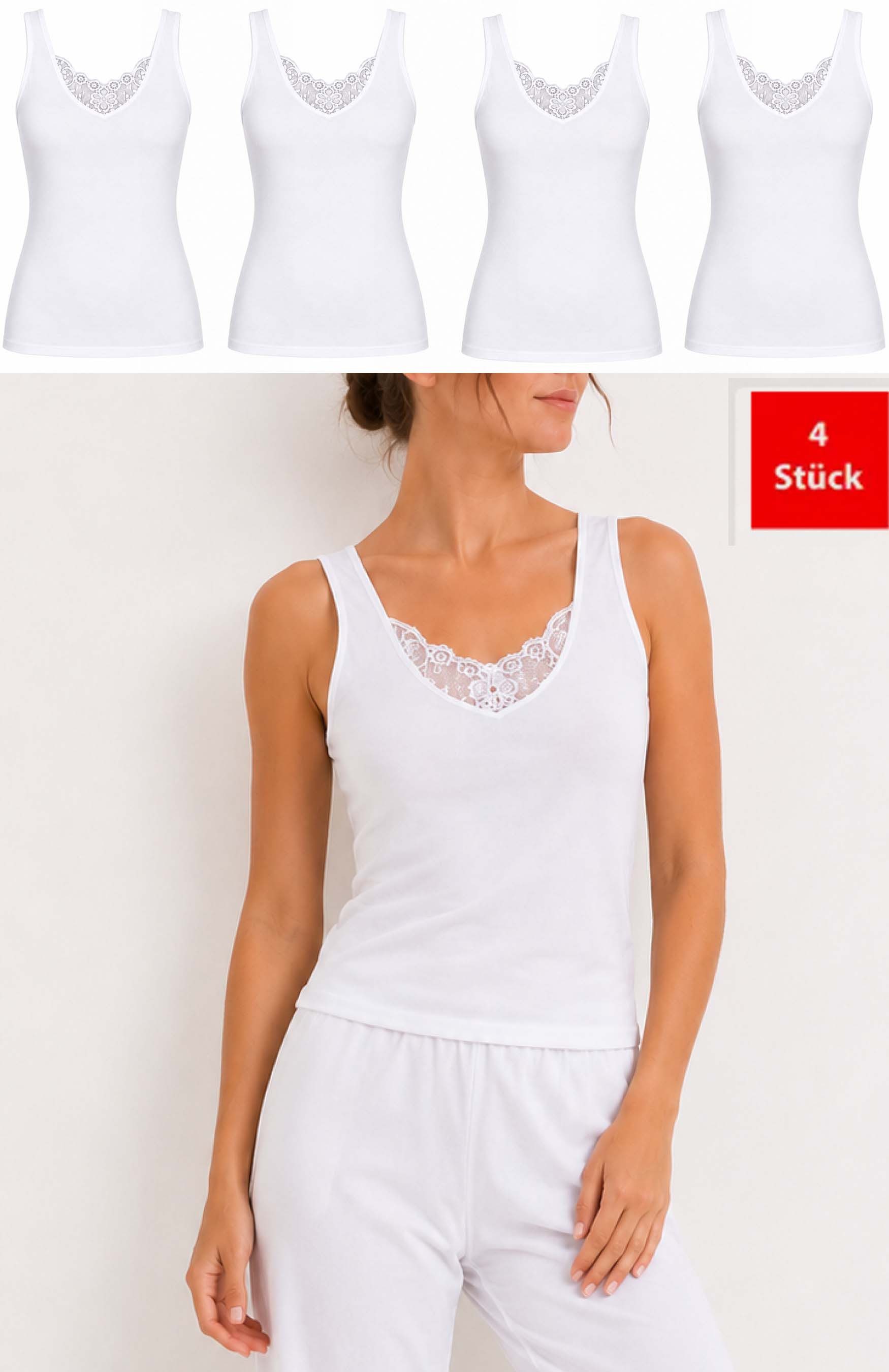 Chili Lifestyle Unterhemd Damen mit Spitze 4er Pack Weiß aus recycelter Baumwolle (4-St., Tanktop) Unterwäsche bequemes Basic für Alltag & Freizeit 36/38–48/50