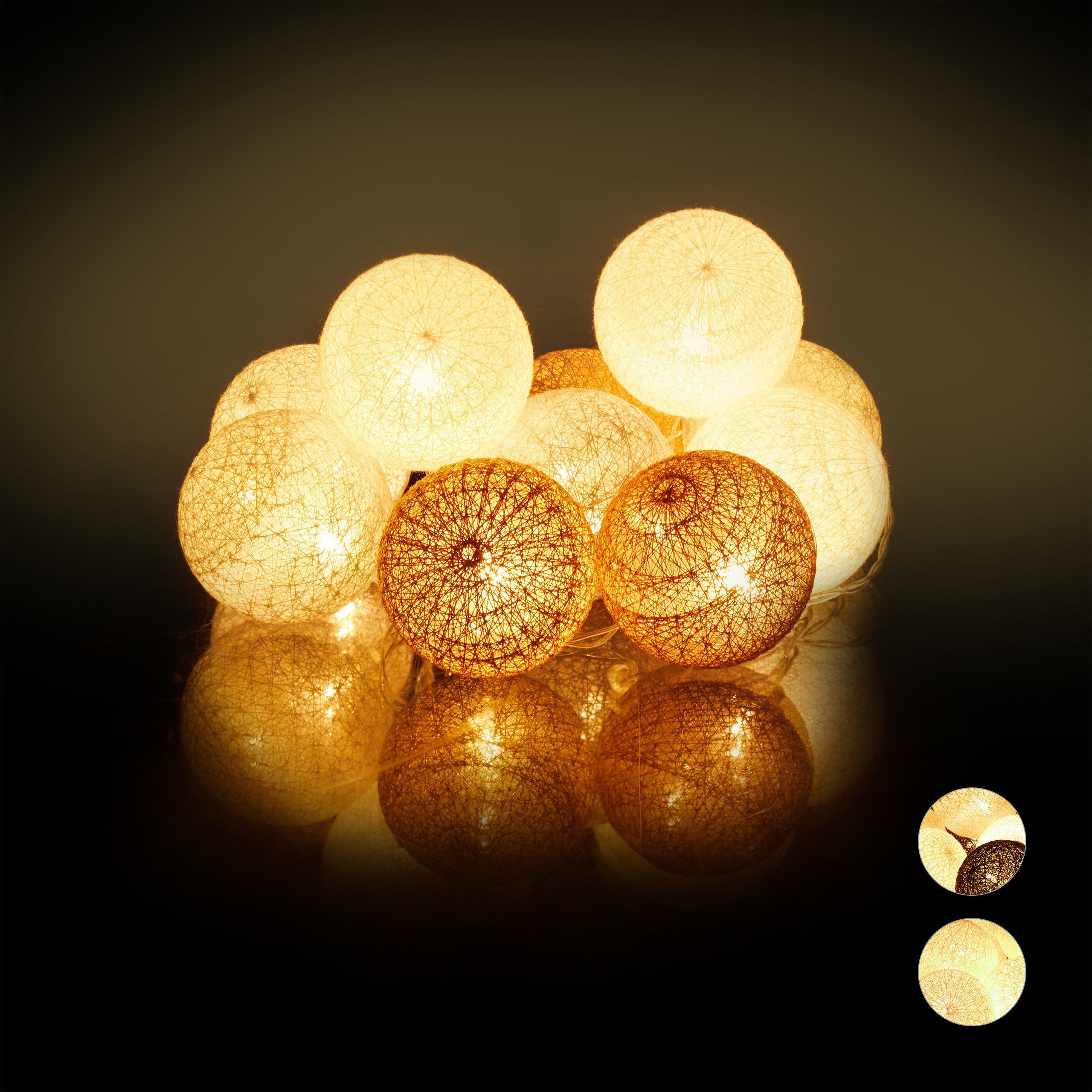 relaxdays LED-Lichterkette mit 10 Kugel, Weiß-Grau-Braun