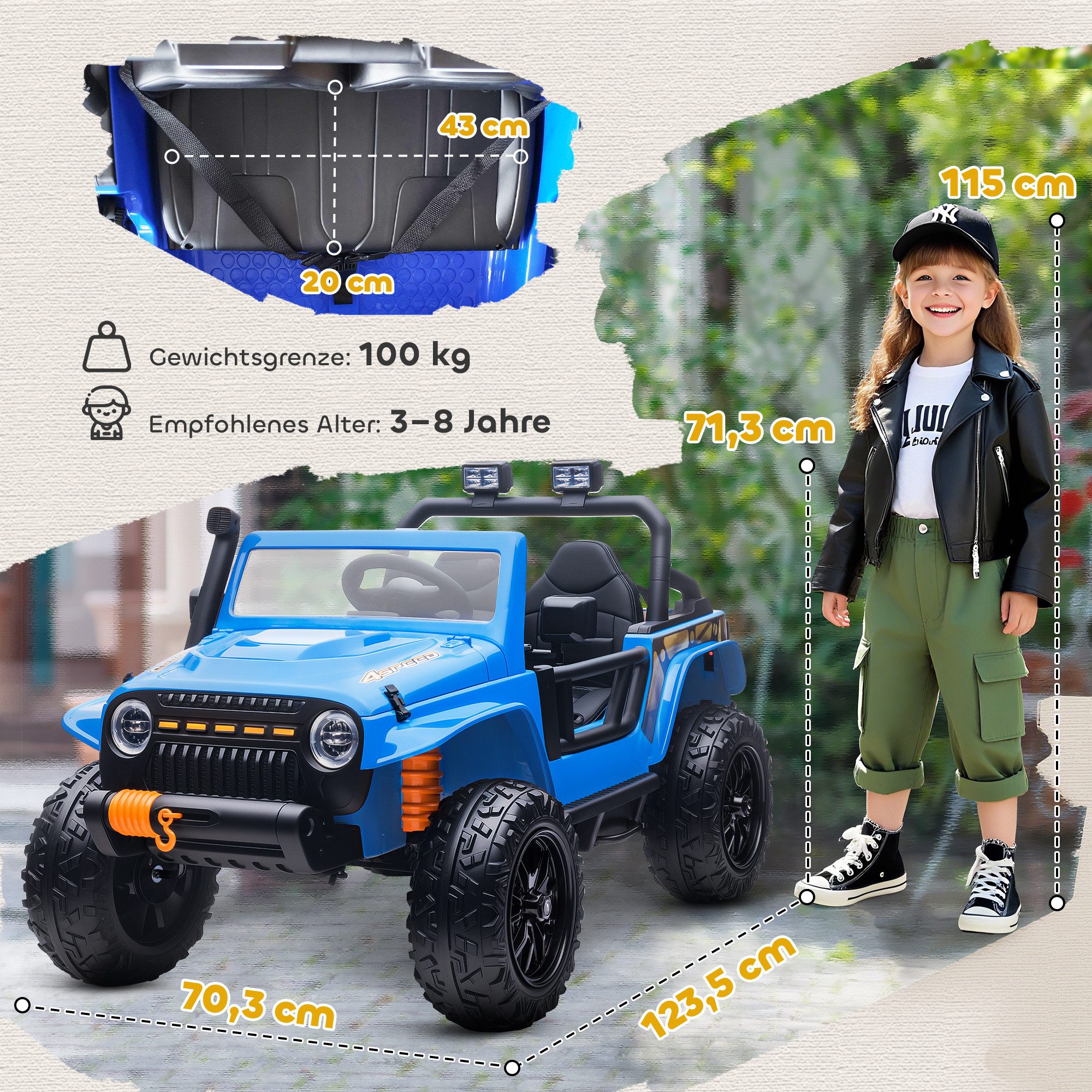 AIYAPLAY Elektro-Kinderauto Kinderfahrzeug, 2 Motor, Elektrofahrzeug, Musik, LED, Belastbarkeit 100 kg, (1-tlg), mit Eltern-Kind-Sitz, 4 gefederten Rädern, für 3-8 Jahre, Blau