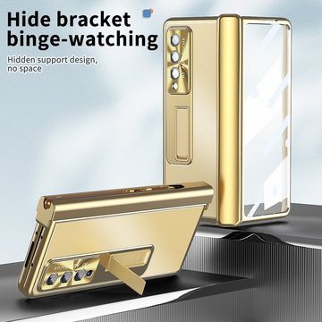 Wigento Handyhülle Für Samsung Galaxy Z Fold4 5G Magnetische Aluminium / Glas Handy Tasche Hülle Etuis Gold + Stift