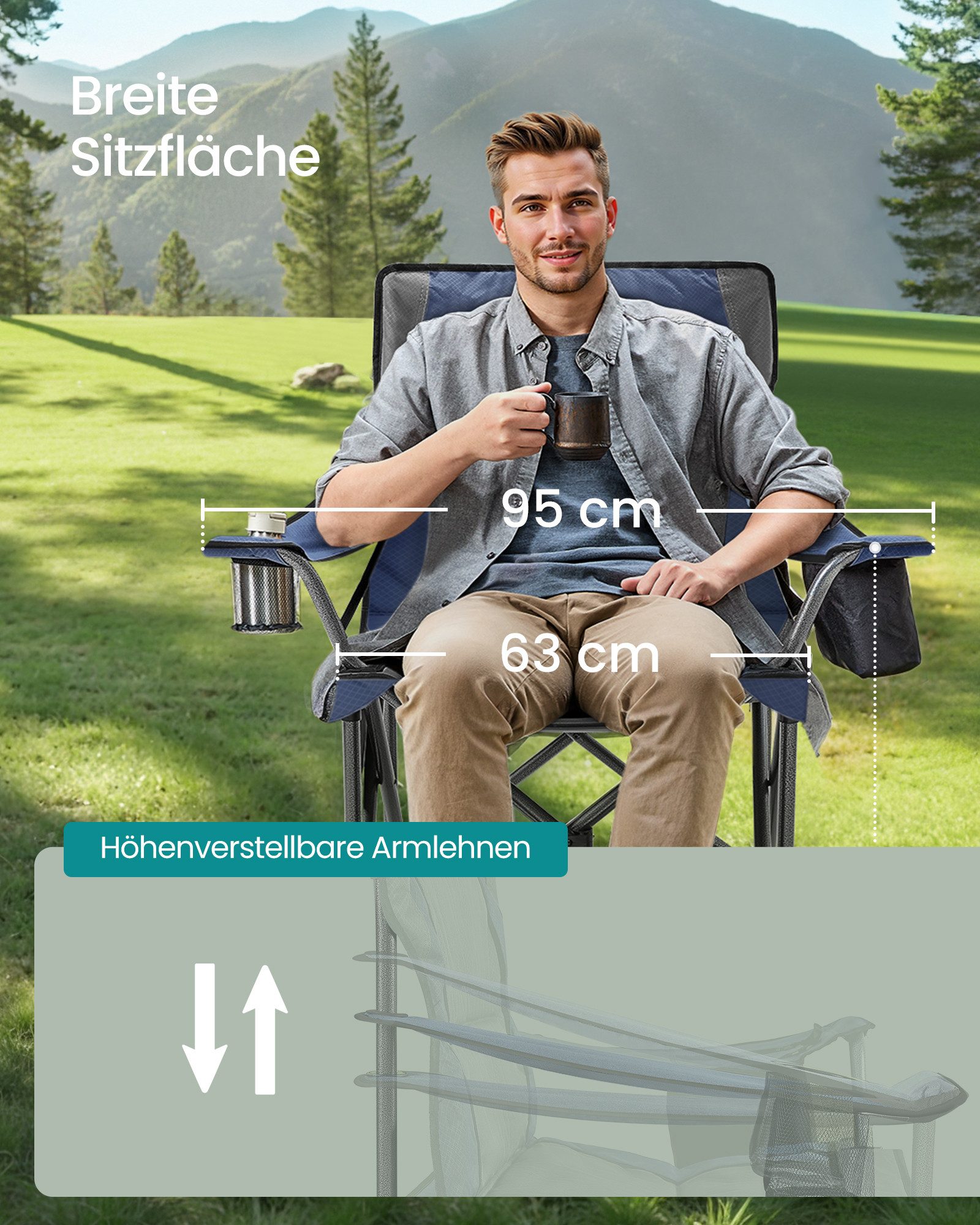 SONGMICS Campingstuhl Klappstuhl, mit Getränkehalter, Angelstuhl, Polsterung, bis 205 kg