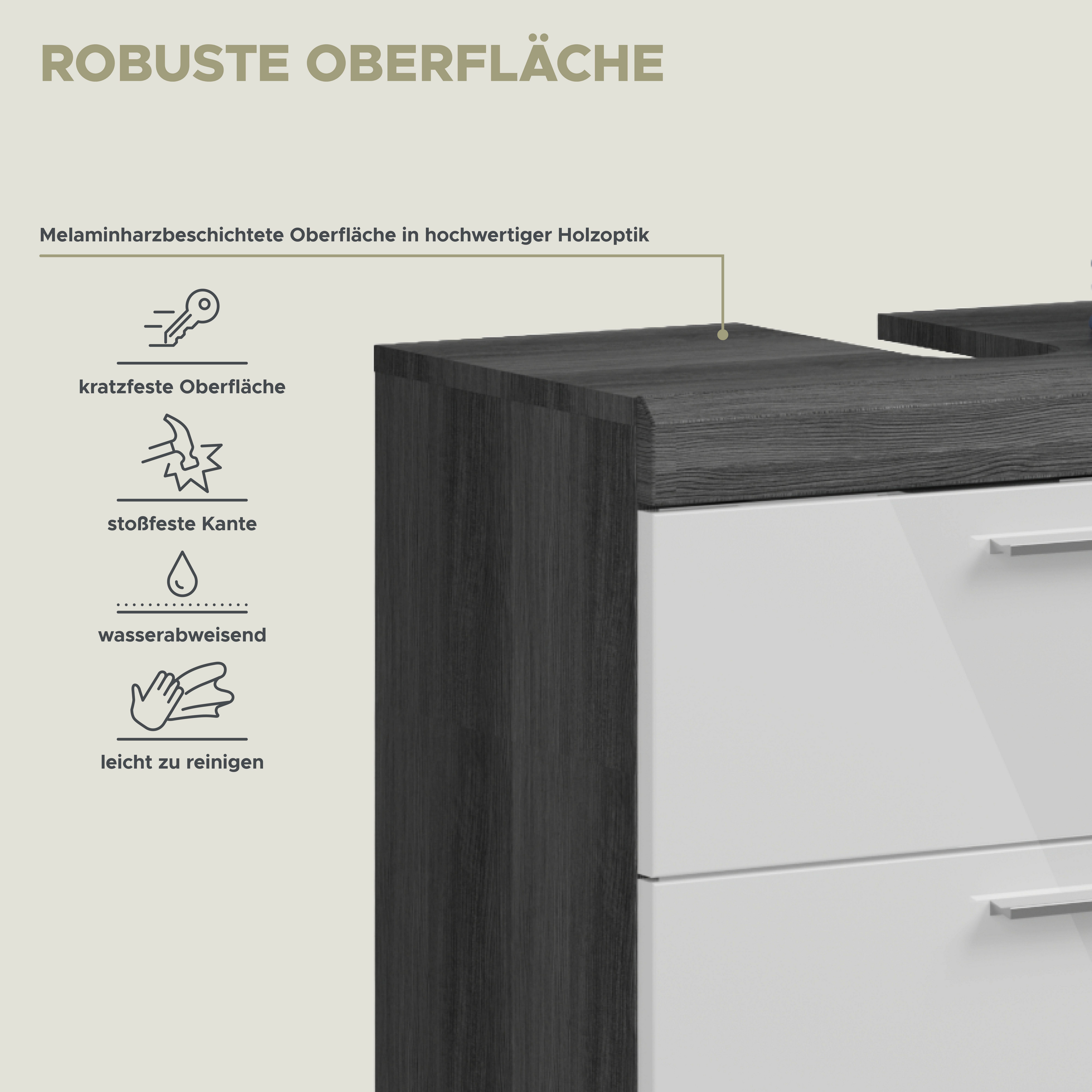 welltime Waschbeckenunterschrank SIENA, Breite 60cm, mit 2 Türen oder 2 Schubkästen, MDF-Front (1-St., TOPSELLER!, mit Siphonausschnitt 10x25 cm) in verschieden – Bild 5 von 5