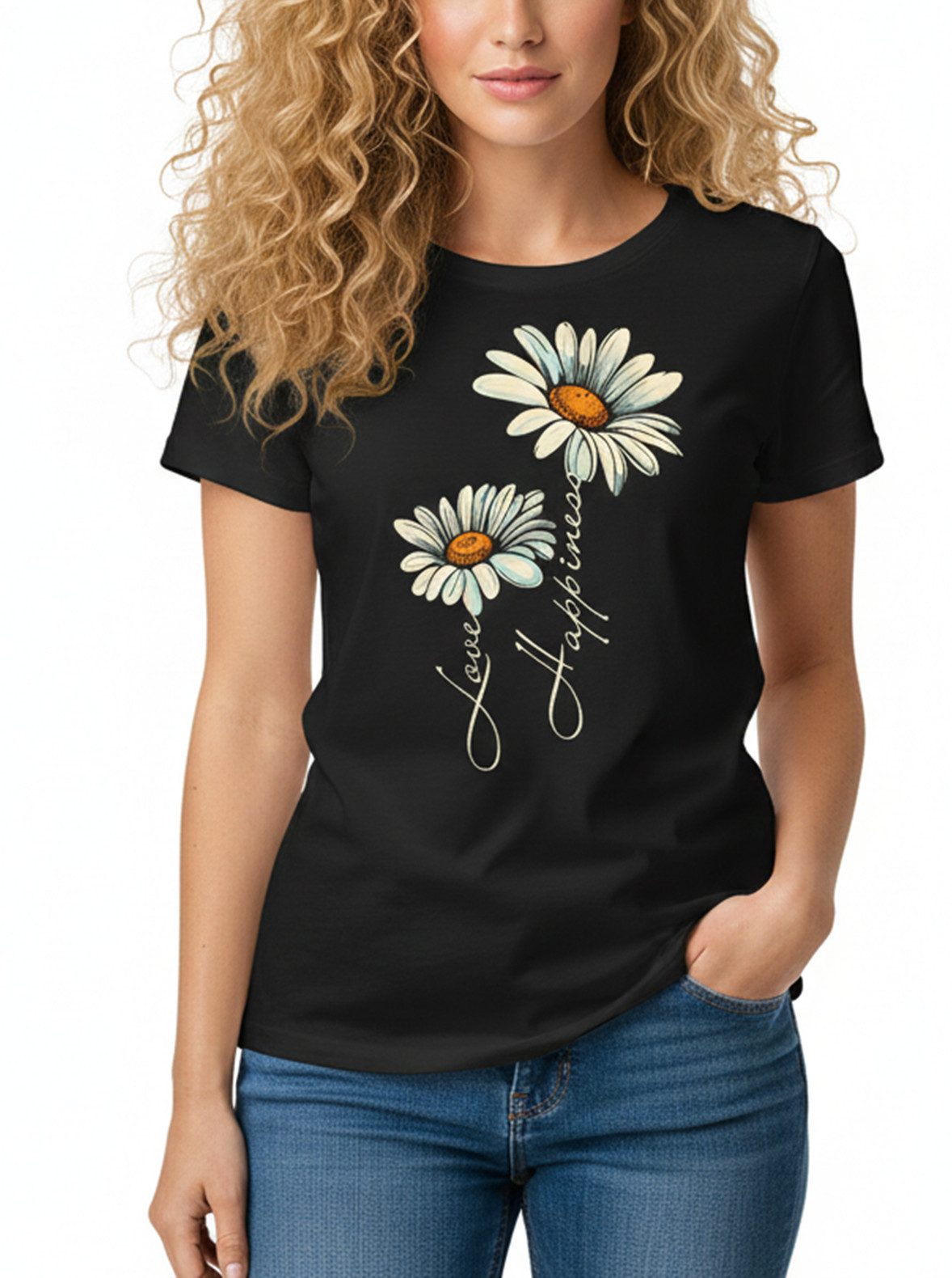 MAKAYA Print-Shirt Blumen Motiv Damen Gänseblümchen Sonnenblume Hippie Mode Druck Floral Kurzarmshirt