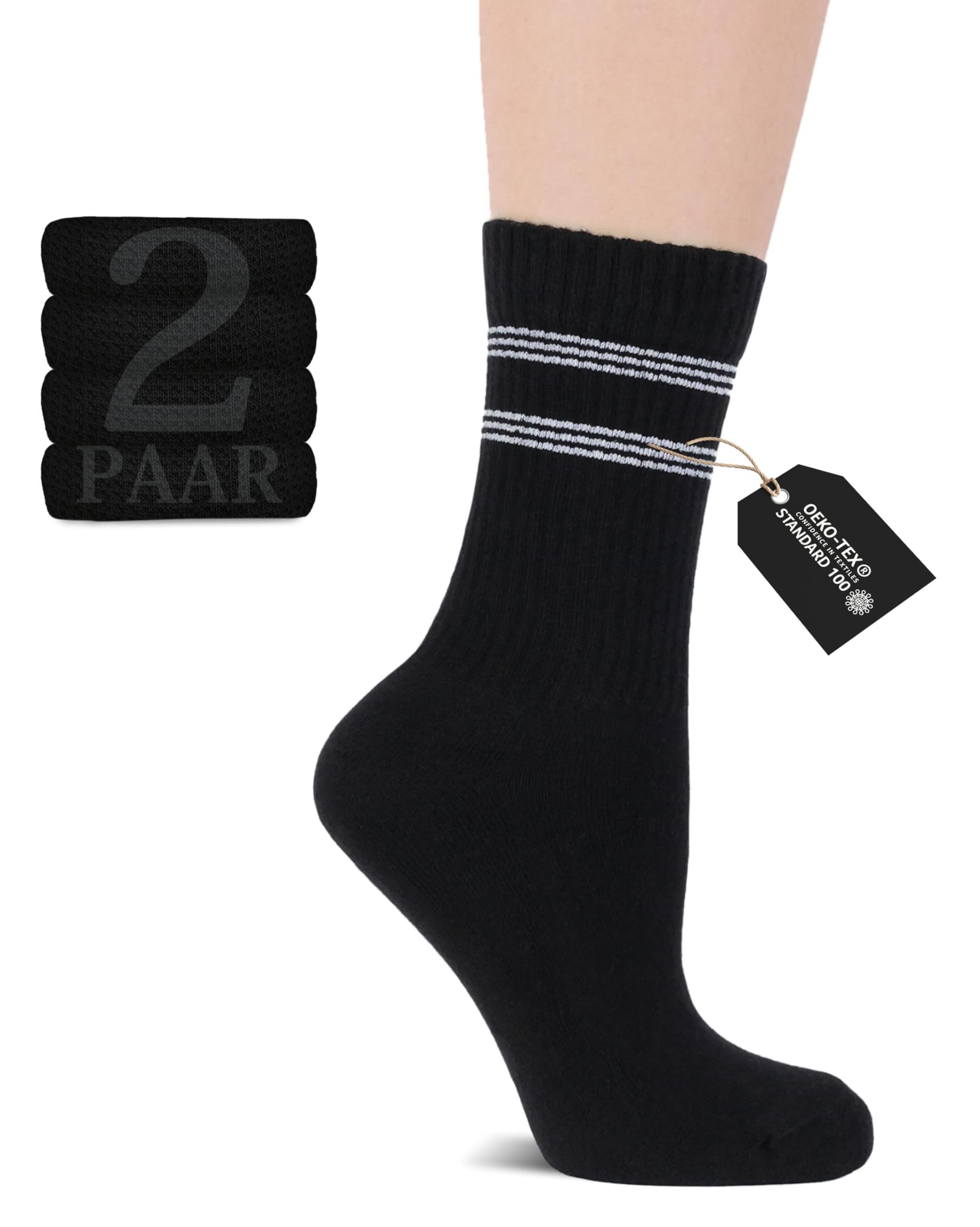 Sportsocken Tennissocken Herren Damen – Baumwolle, 2 Paar, Elastische Crew Size