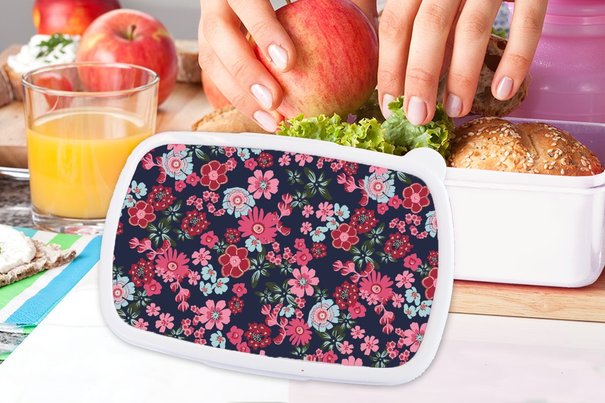 Lunchbox MuchoWow Blumen (2-tlg), für Mädchen Jungs - Rosa für Muster, weiß Flora Erwachsene, - und Kunststoff, Brotdose, Kinder und Brotbox -