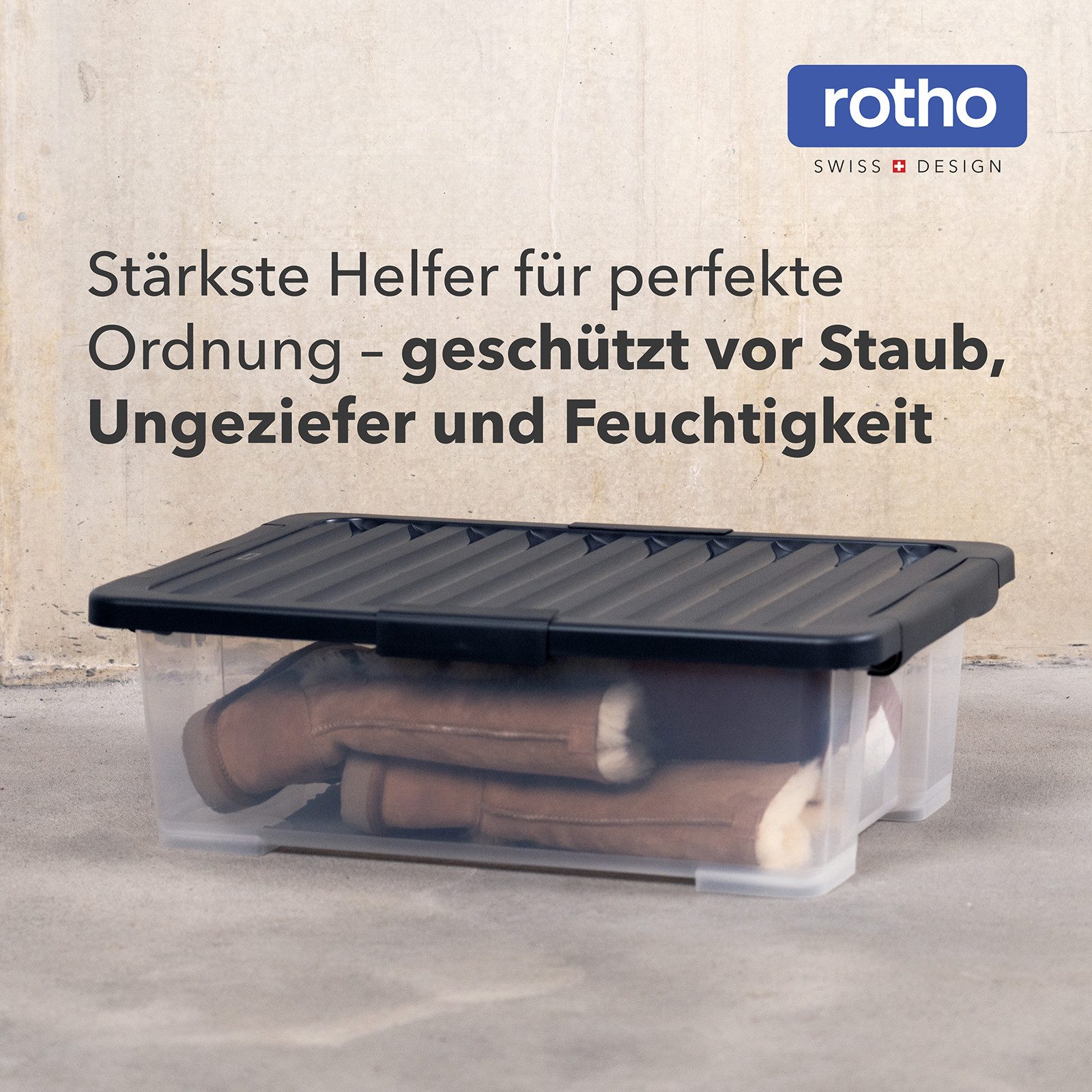 ROTHO Aufbewahrungsbox 4er-Set CORE PRO 30 L stapelbare Box mit gedichteter Deckel (Lagerboxen-Set, 4er-Set), Dichtbox ideal für Kleidung, Vorräte und Haushaltsartikel