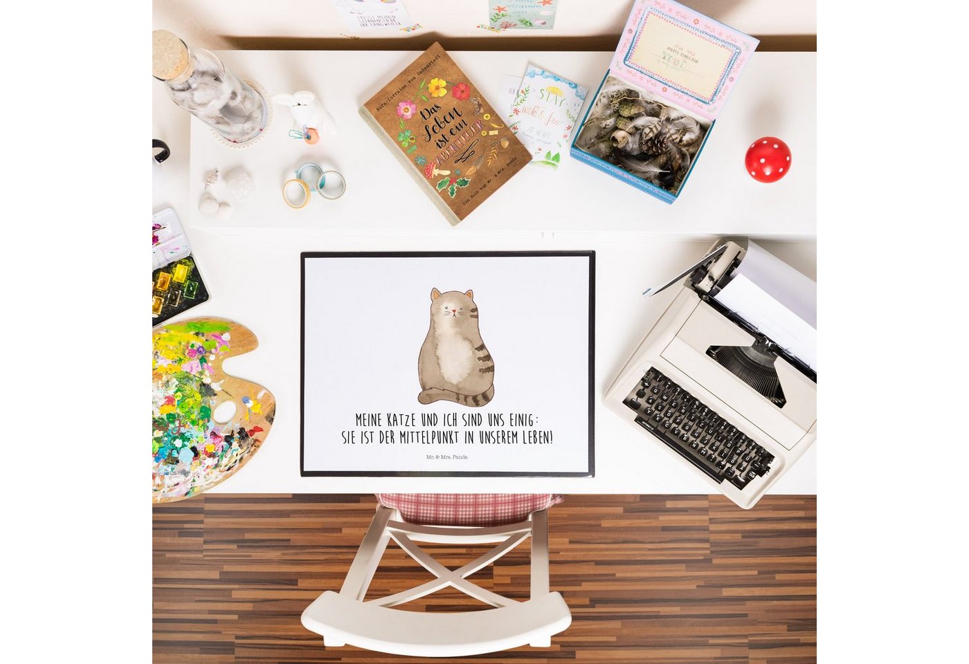 Thumbnail - Mr. & Mrs. Panda Schreibtischunterlage Katze Sitzen - Weiß - Geschenk, Schreibwaren, gestreift, Liebe, Katze, (Packung, ...