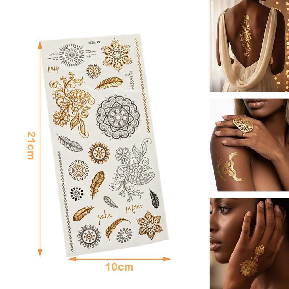AFKSMILE Schmuck-Tattoo 8 Blätter Temporäre Tattoos, Glitzer Festival Tattoos Gold Wasserdicht, Für Frauen Jugendliche Mädchen Halloween Festival Party Accessoire