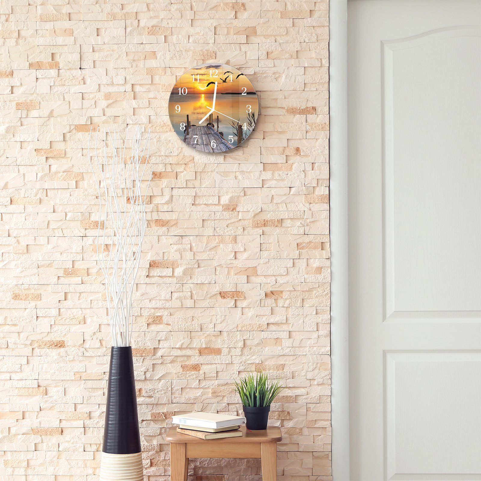 Primedeco Wanduhr Wanduhr aus mit Sonnenuntergang Durchmesser Motiv am Rund cm Quarzuhrwerk - Steg mit 30 und Glas