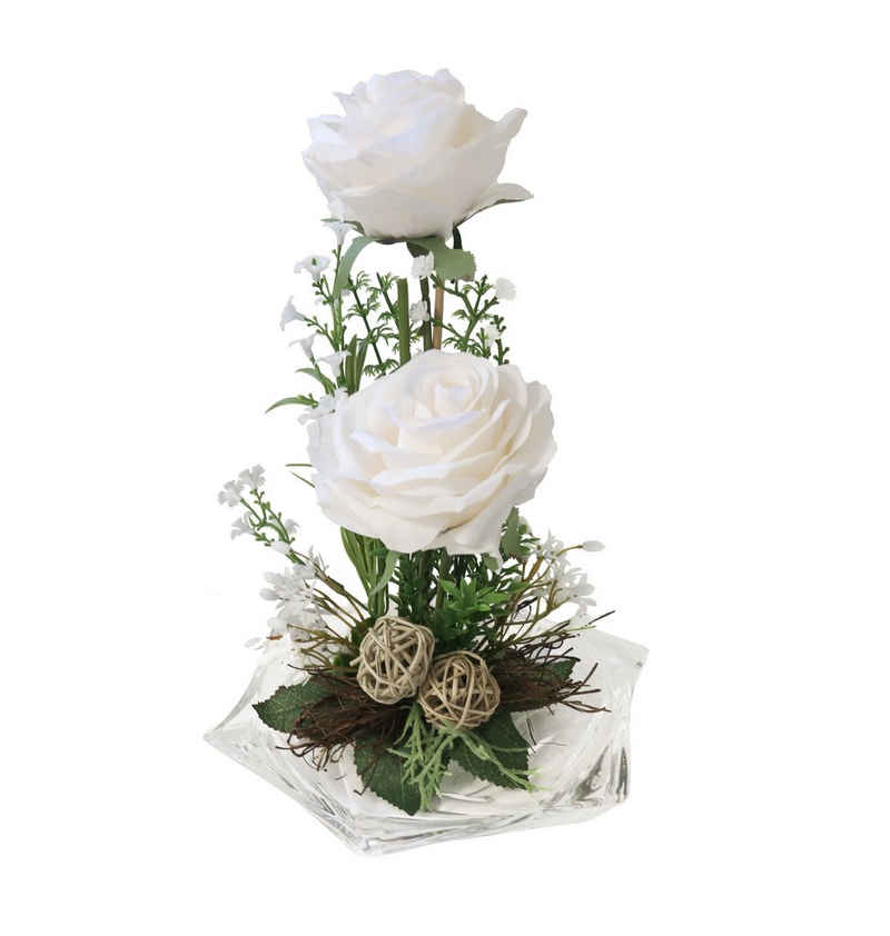 Gestecke Tischgesteck Kunstblumen Tischdeko künstliche Rosen Blumen 44 Rose künstlich, PassionMade, Höhe 25 cm, Tischdeko Blumengesteck künstlich auf Glasschale
