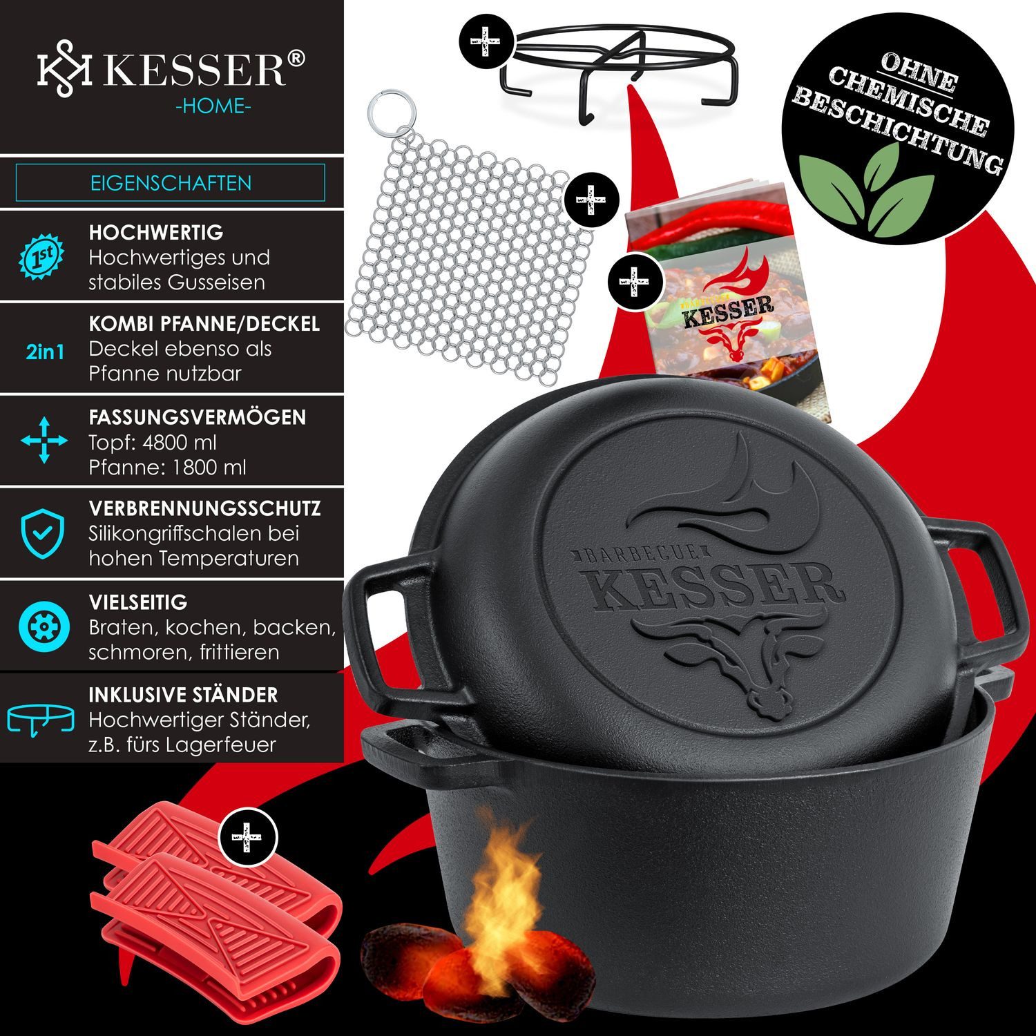 KESSER Feuertopf, Gußeisen, Dutch Oven 2in1 Gusseisen Topf 4,8L und Pfanne 1,8L