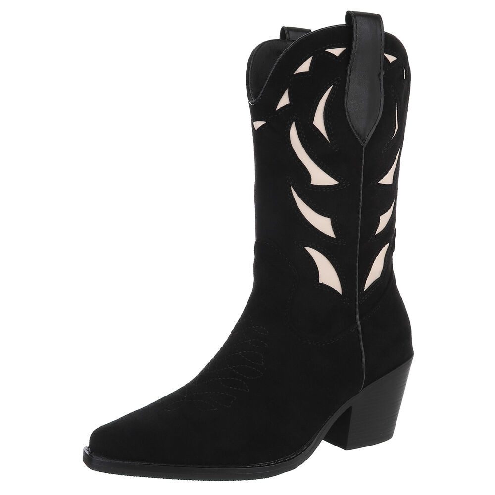 Ital-Design Trendige Westernstiefel mit Detailstickerei und Komfort Westernstiefel (90755949) Blockabsatz Stiefel in Schwarz