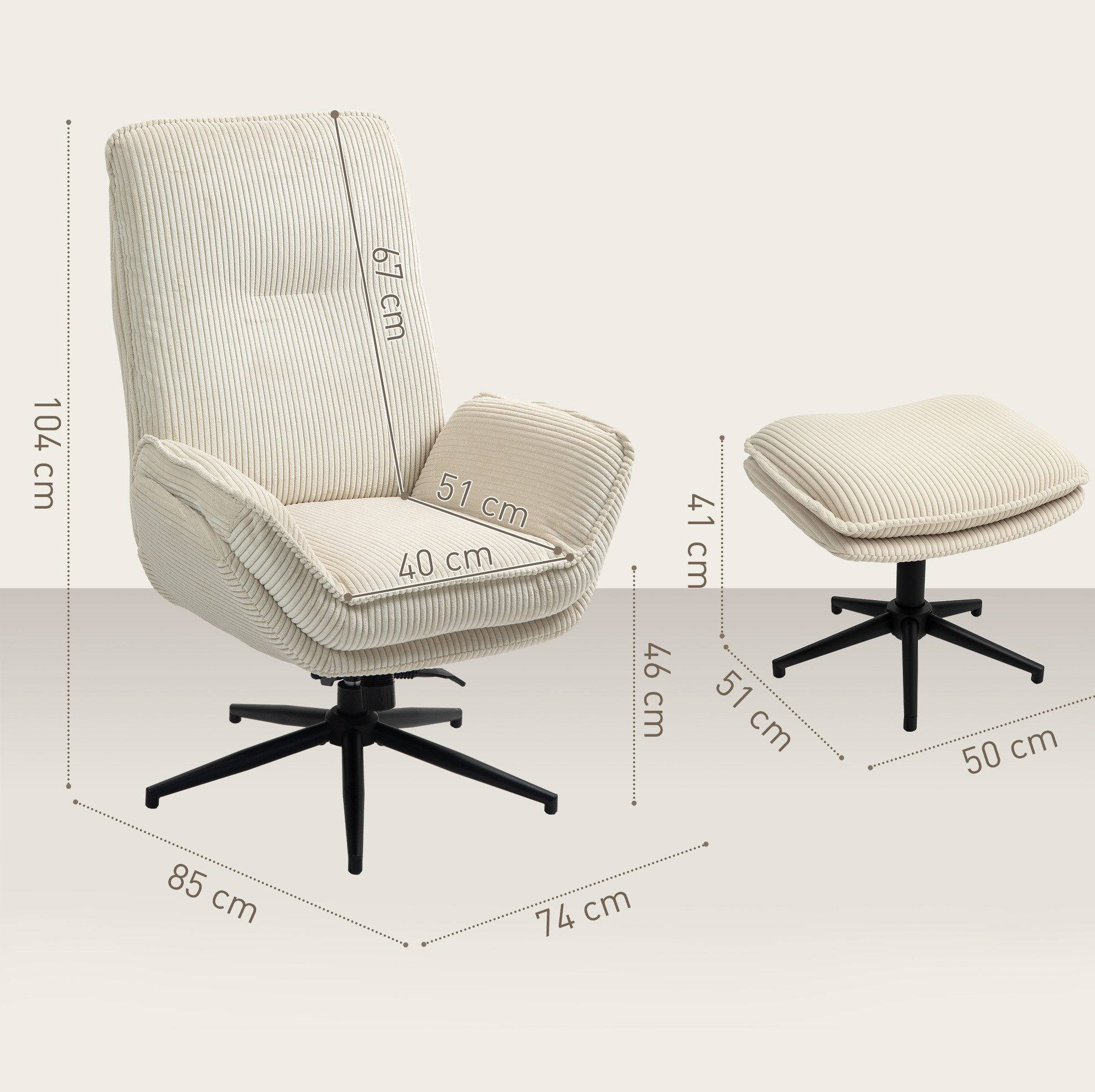 REDOM Relaxsessel Fernsehsessel Relaxsessel mit Hocker drehbar 360° (Liegefunktion, Cord-Optik TV-Sessel, gepolsterter Sessel, 2-St., Relaxsessel mit Hocker), Beige Wohnzimmer Schlafzimmer Ruhesessel